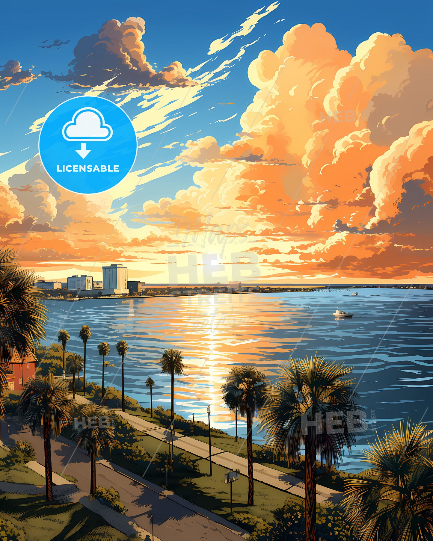 African City Skyline Abobo Ivory Coast Sunset Harbor Vibrant Painting Wall Art Poster Digital Download