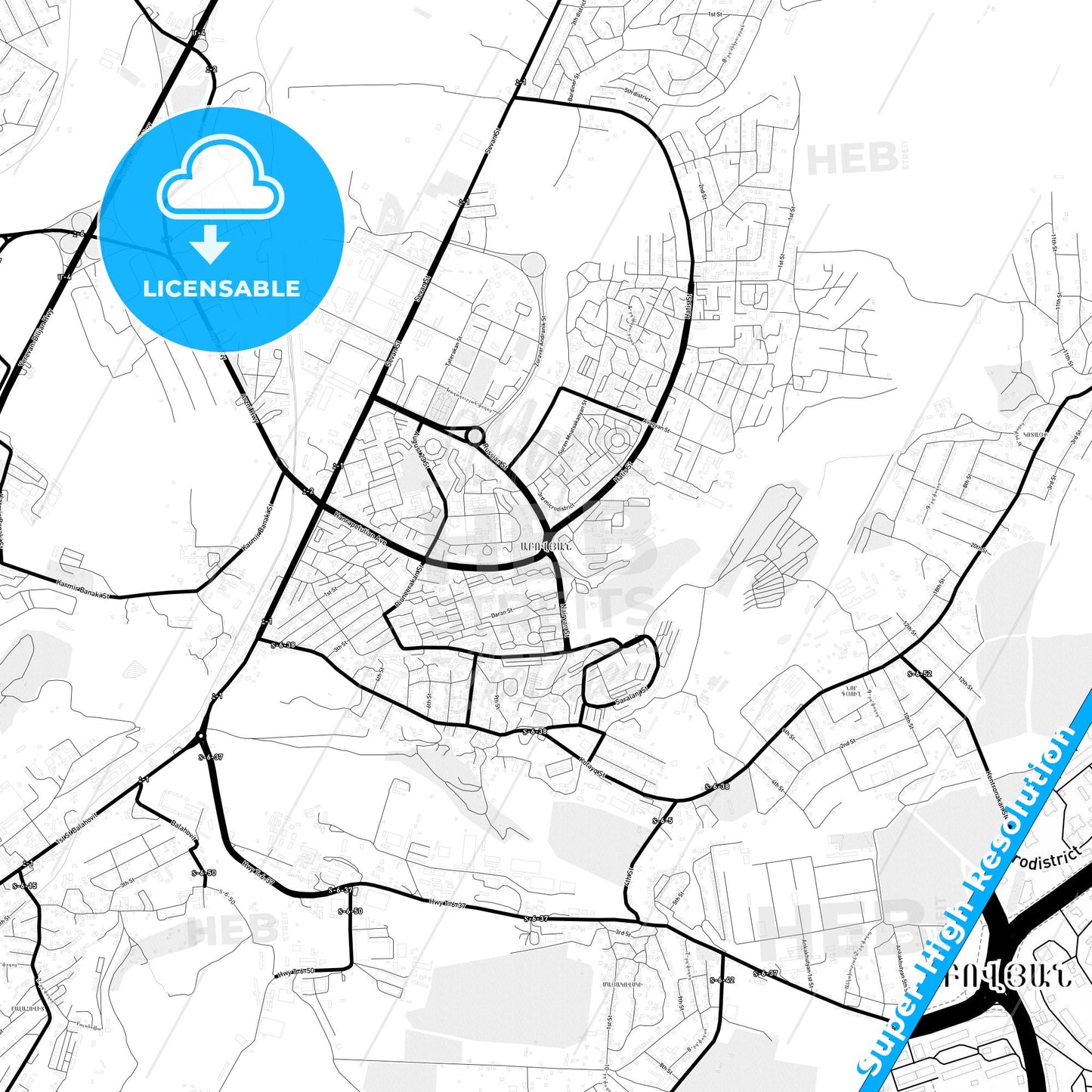 Abovyan, Armenia Light Map with Street Names, City Names, and Districts