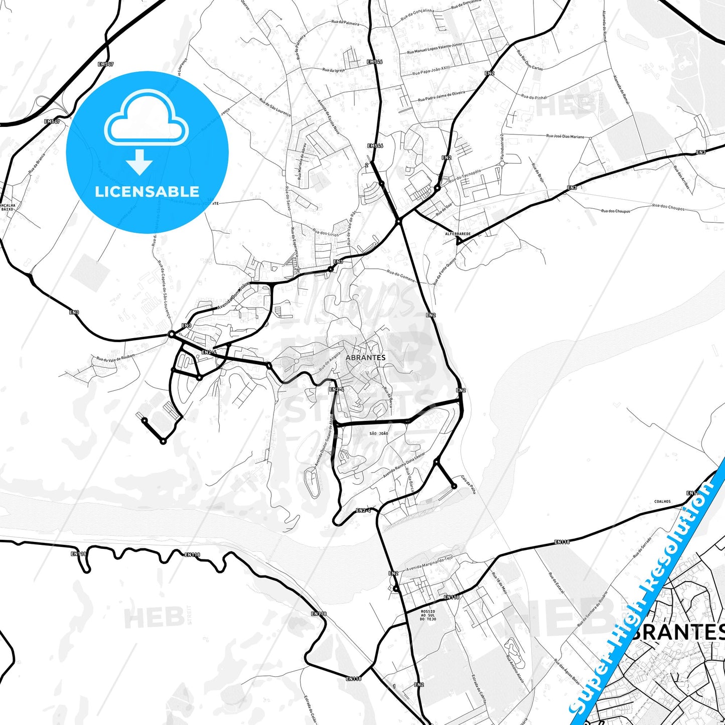 Abrantes, Portugal Light Map with Street Names, City Names, and Districts