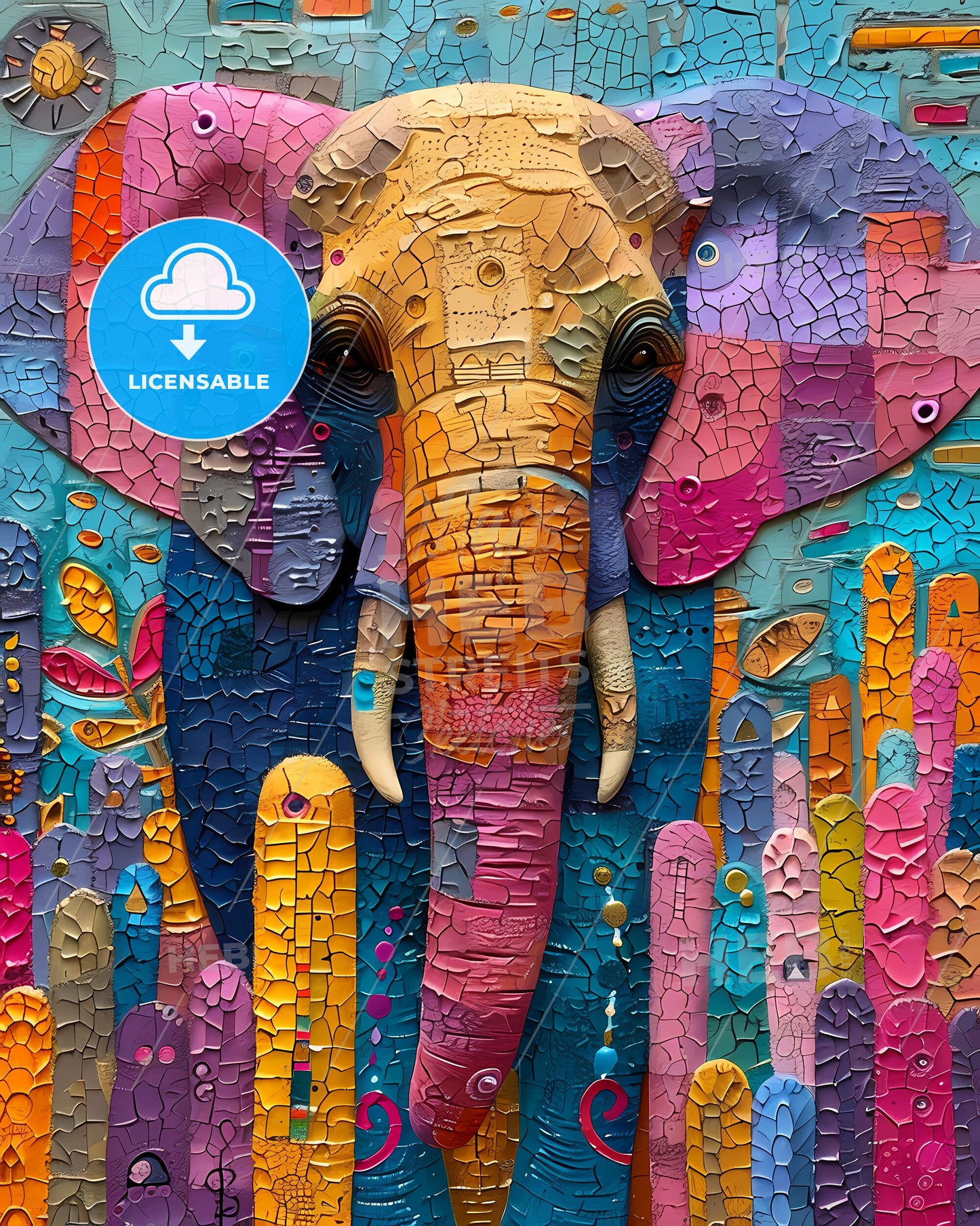 Vibrant Pastel Abstract Savanna Elephant Wall Art with African Patterns