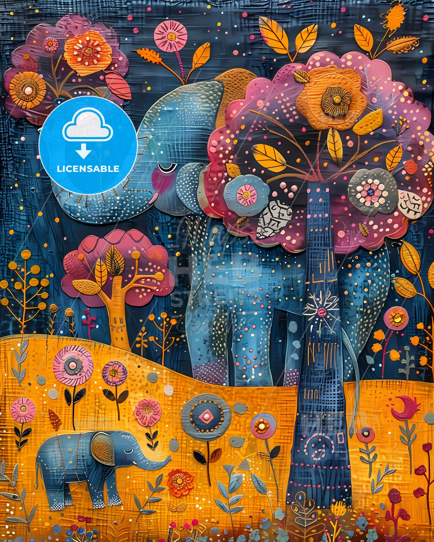 Abstract African Safari Print - Elephants and Trees in the Savanna with Vibrant Pastel Colors