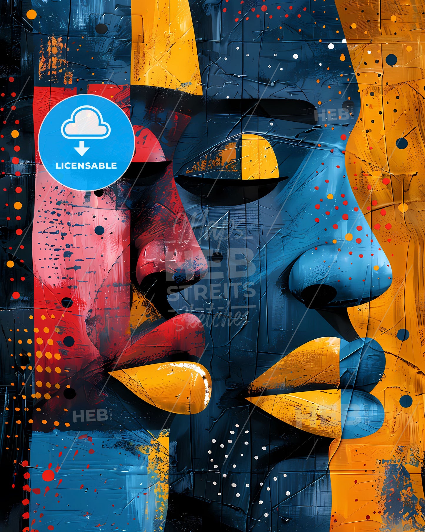 Abstract African Art Painting: Vibrant Pastel Colors, Urban Patterns, Human Faces