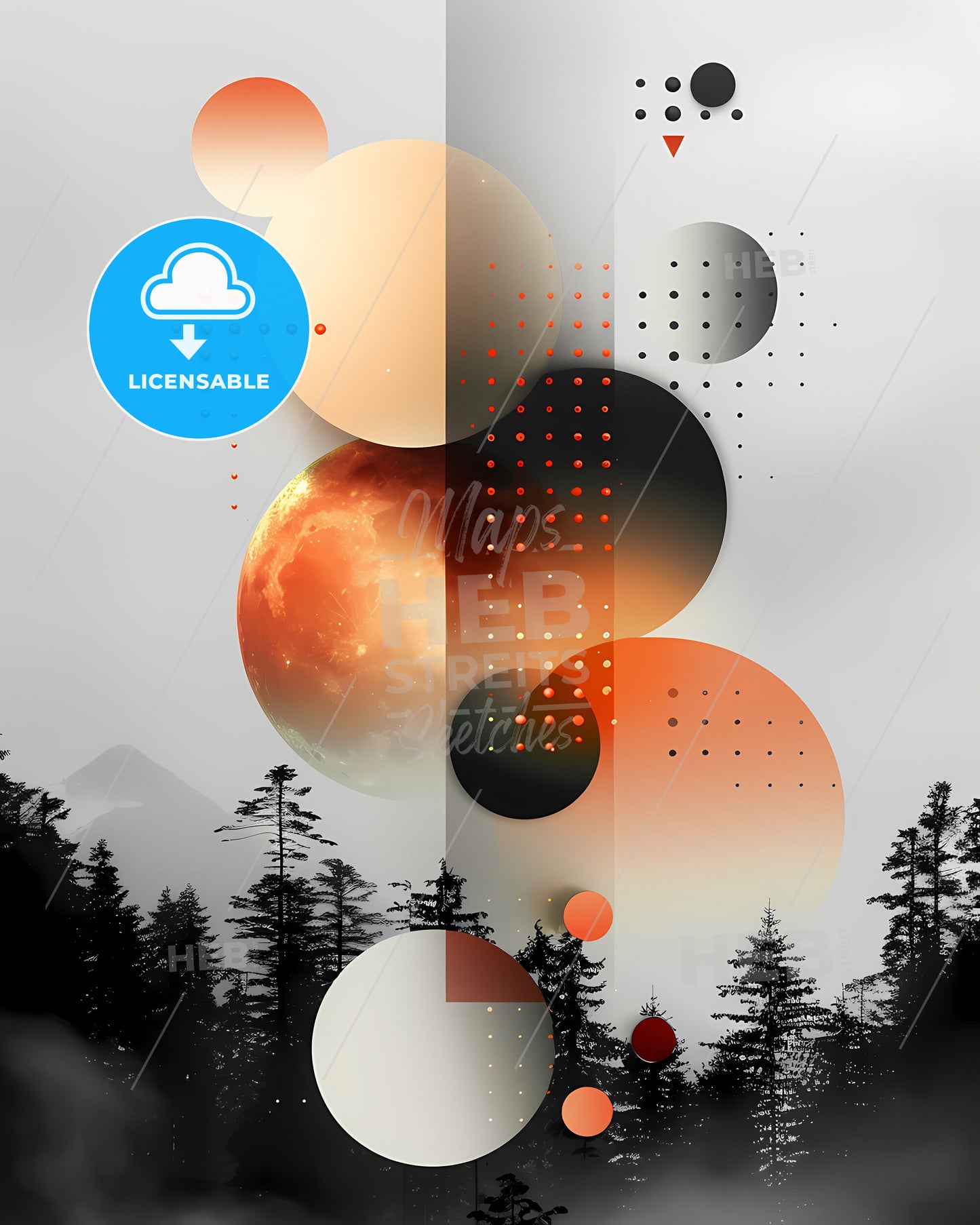 Modern Geometric Art: Abstract Circles and Trees Painting on White Background