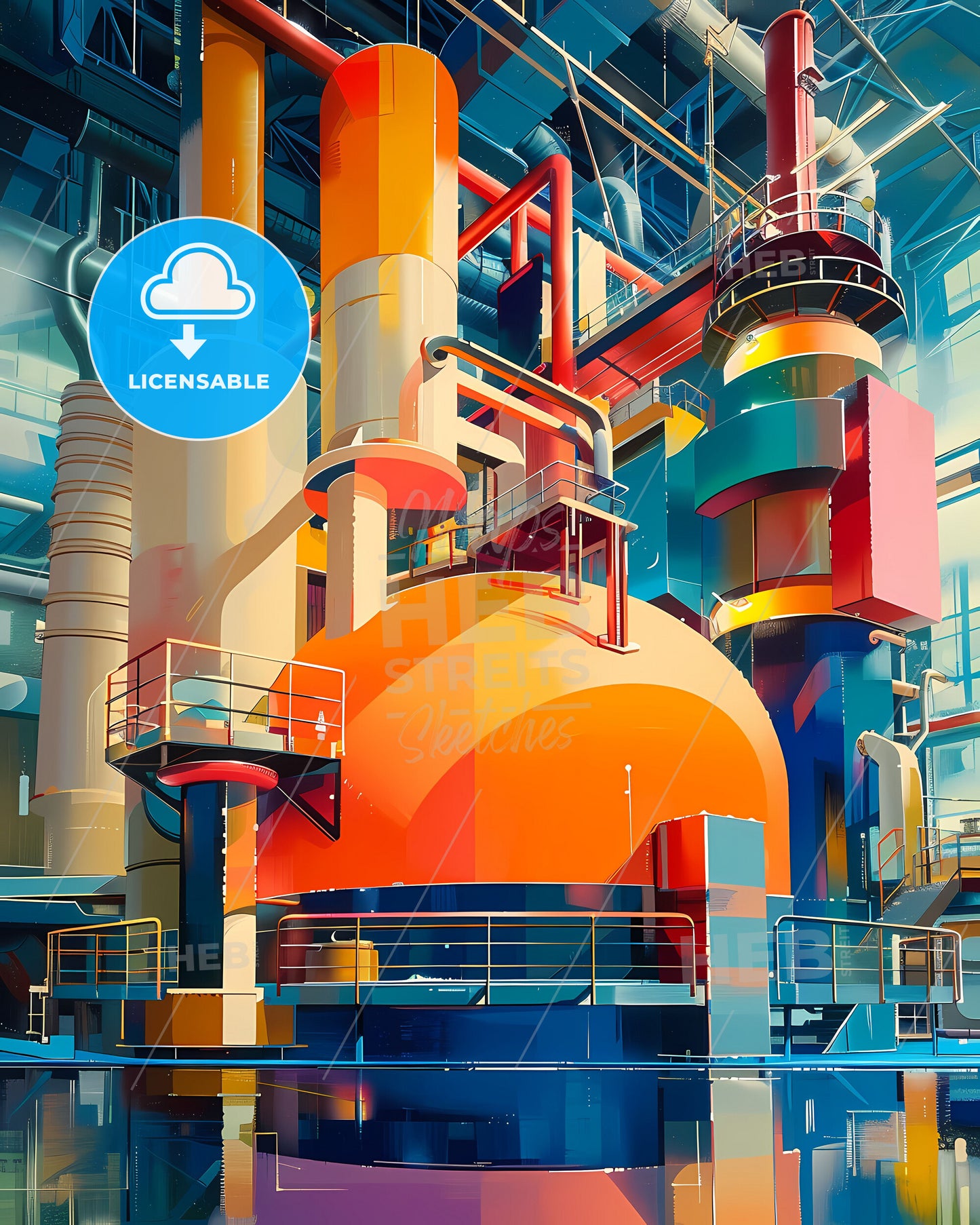 Modern Industrial Art: Abstract Painting of Geometric Shapes, Orange and Blue Machine, Printing Press, Raster