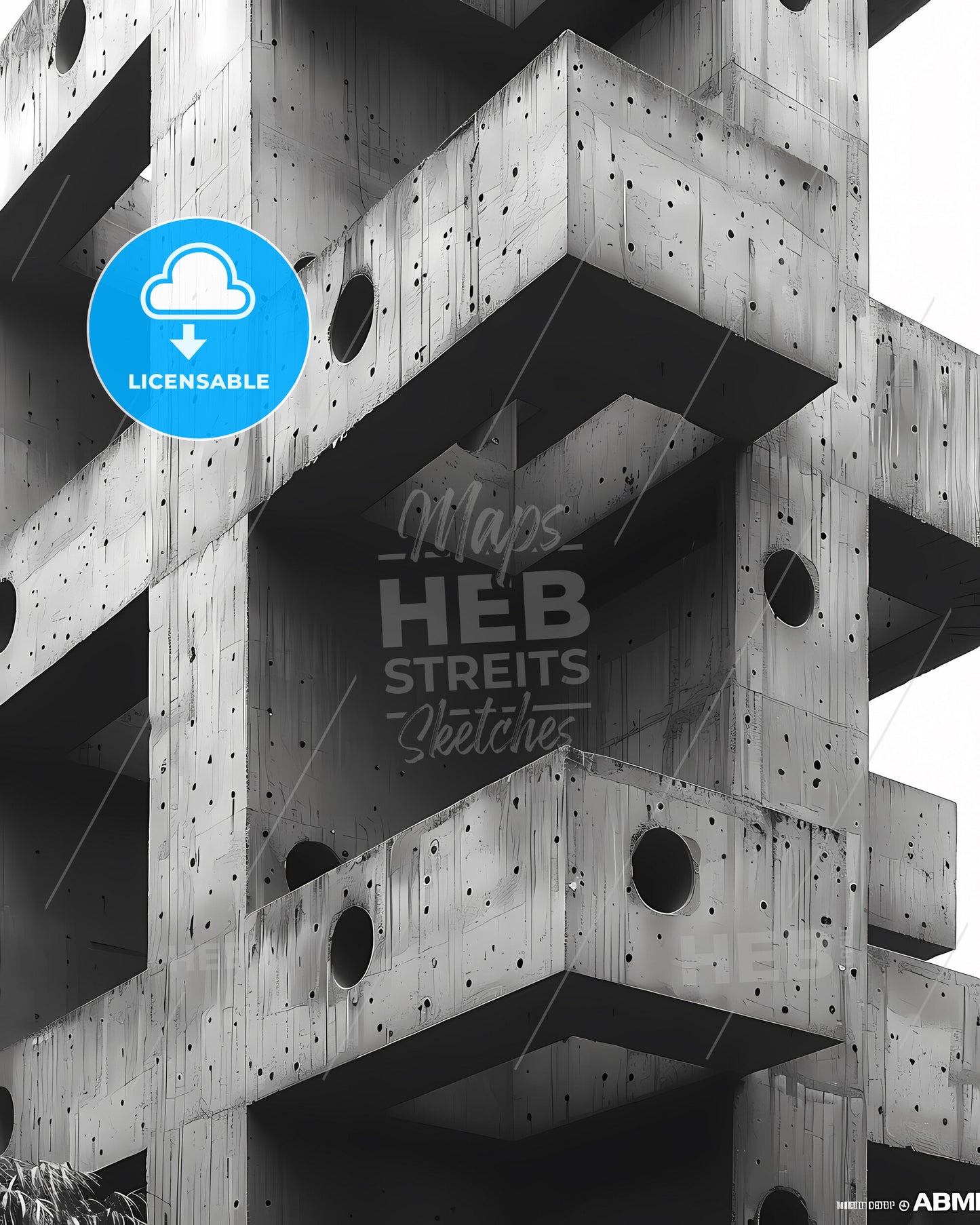 Abstract Concrete Building Structure with Colorful Artwork, Close-up of Urban Architectural Detail in Brutalism Style