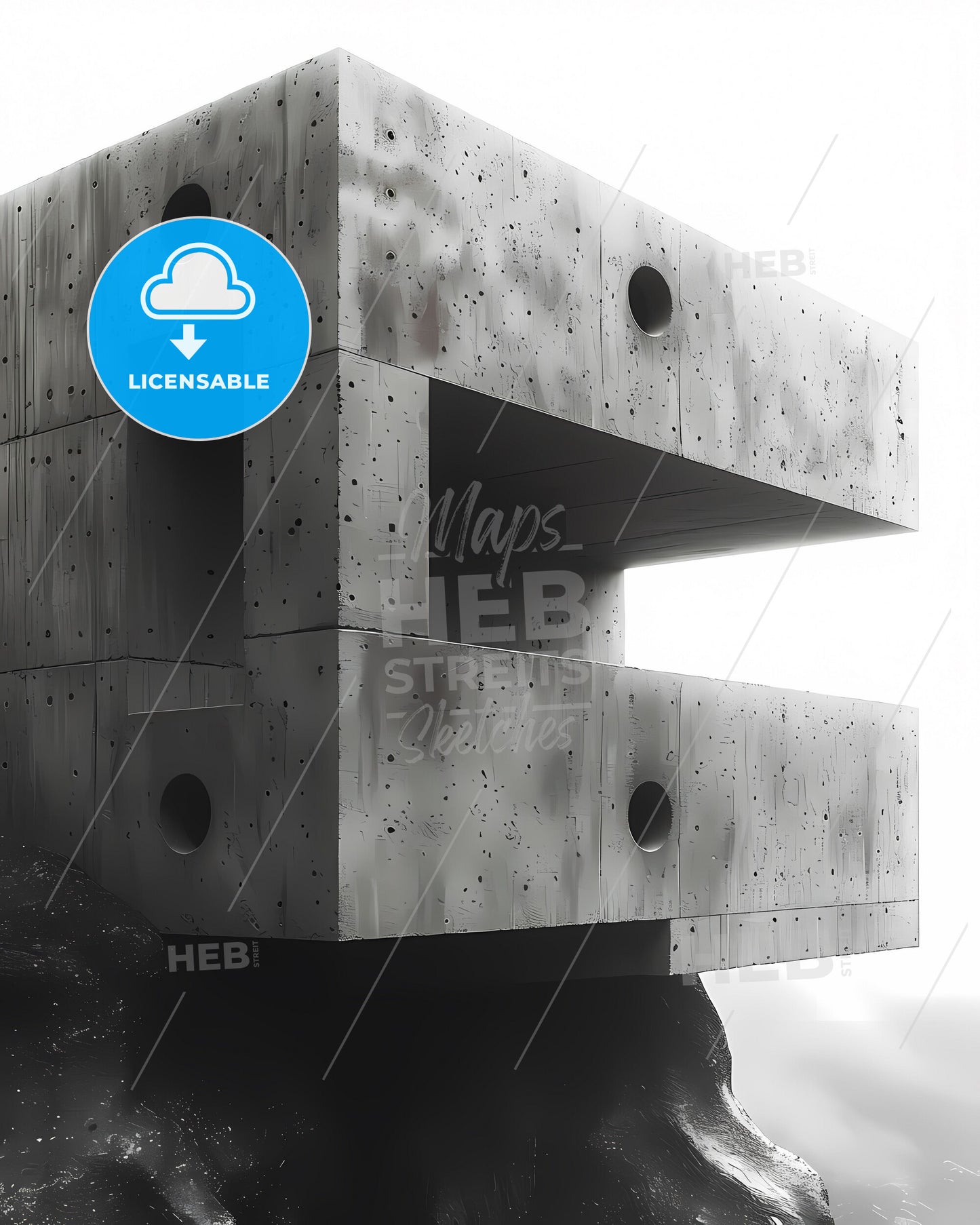 Vibrant Painting Displaying Abstract Brutalist Architecture with Concrete Walls and Intricate Hole Patterns