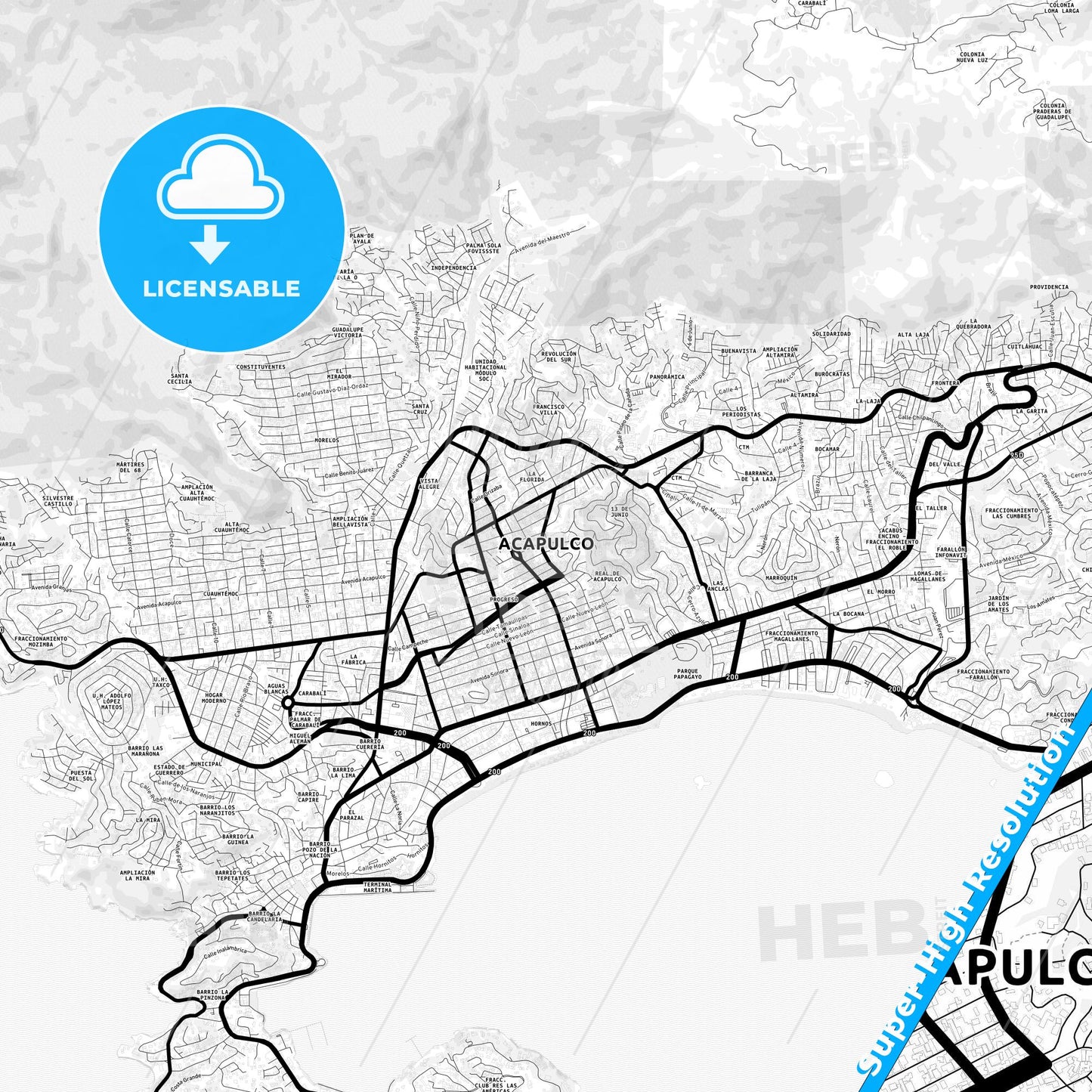 Acapulco, Mexico Light Map with Street Names, City Names, and Districts