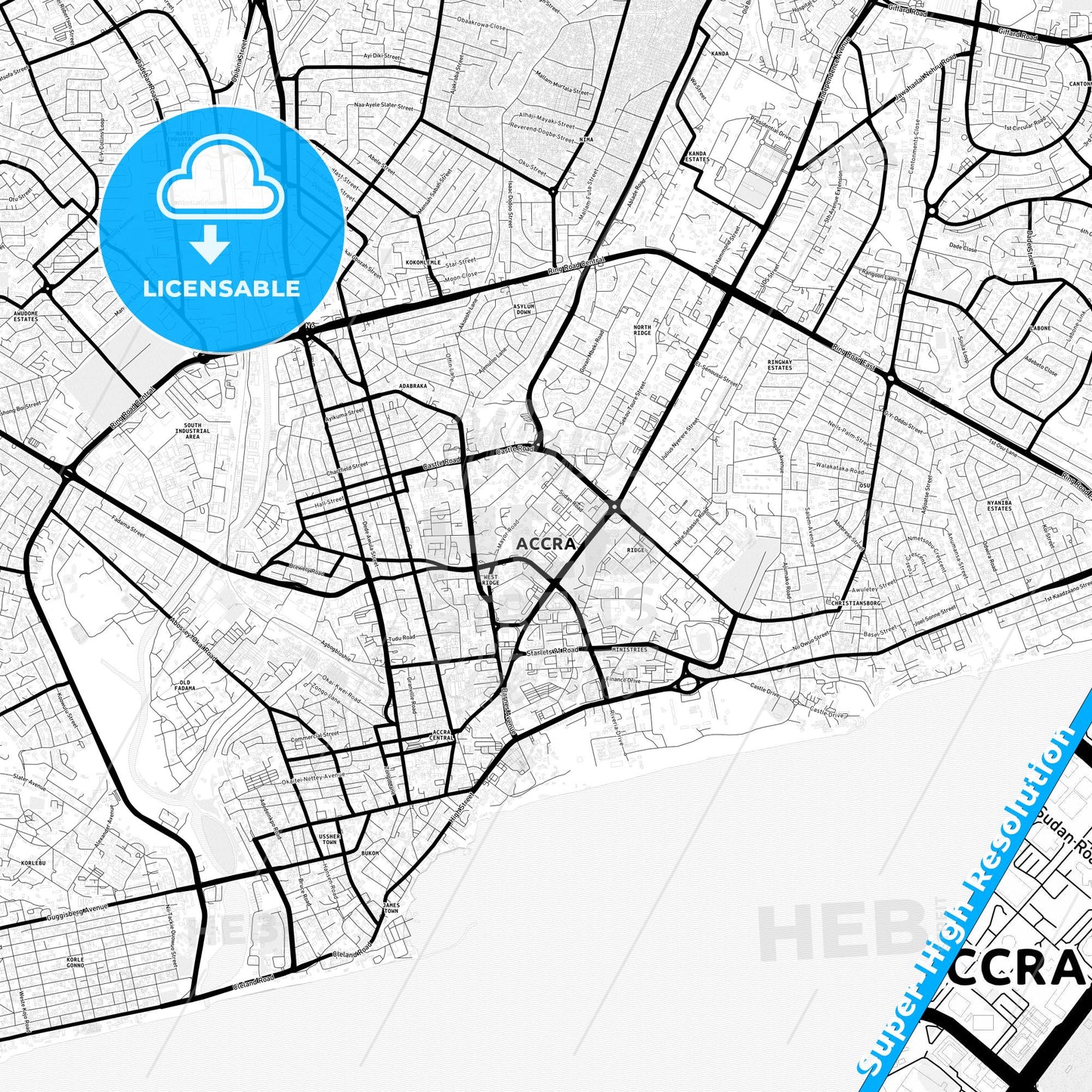 Accra, Ghana Light Map with Street Names, City Names, and Districts