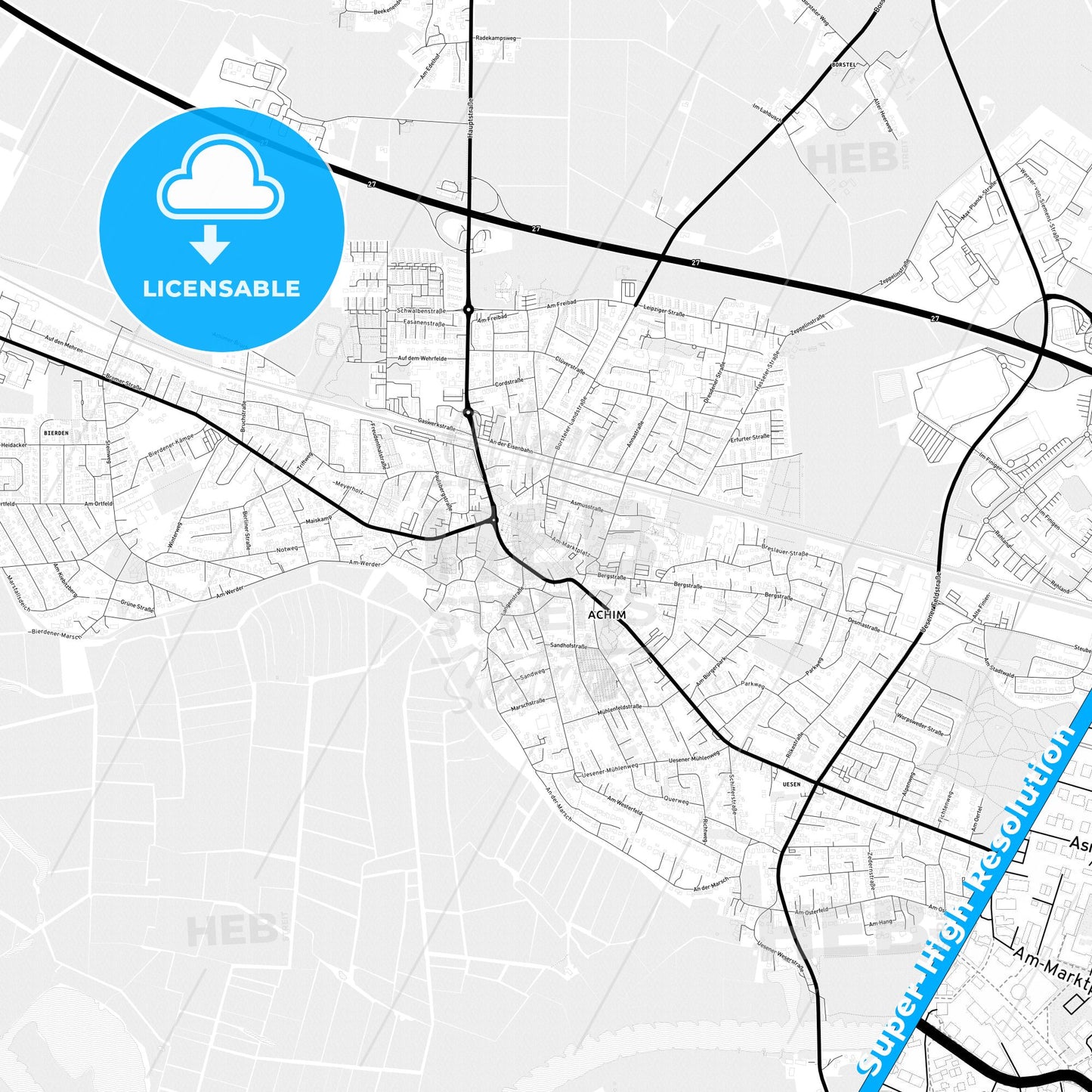 Achim, Germany Light Map with Street Names, City Names, and Districts
