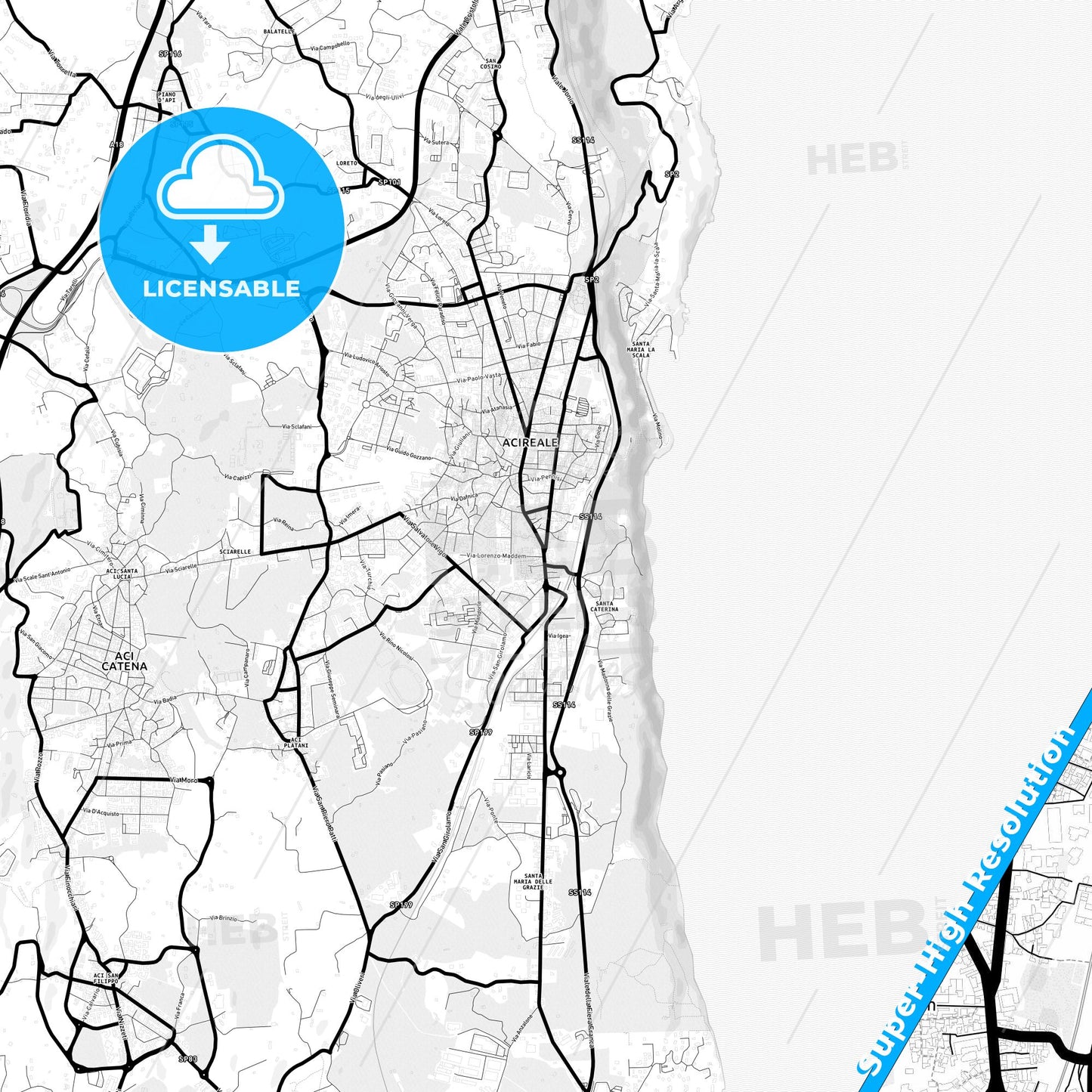 Acireale, Italy Light Map with Street Names, City Names, and Districts