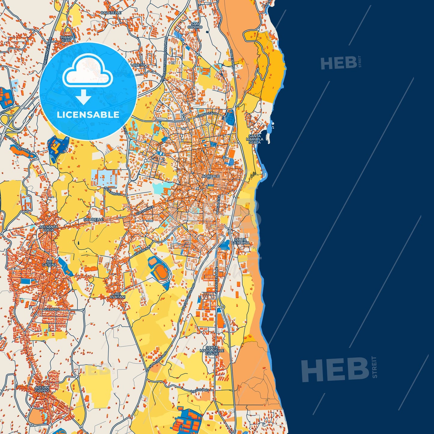 Colorful Acireale Street Map with Labels and Buildings