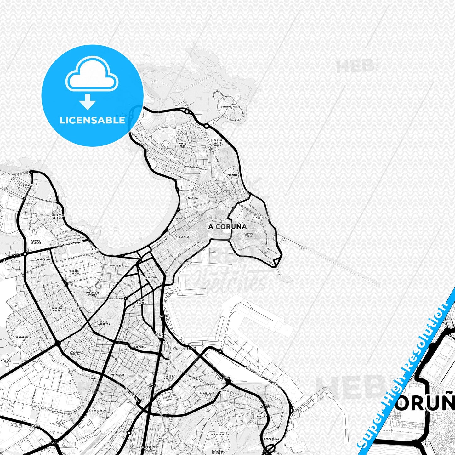A Coruña, Spain Light Map with Street Names, City Names, and Districts