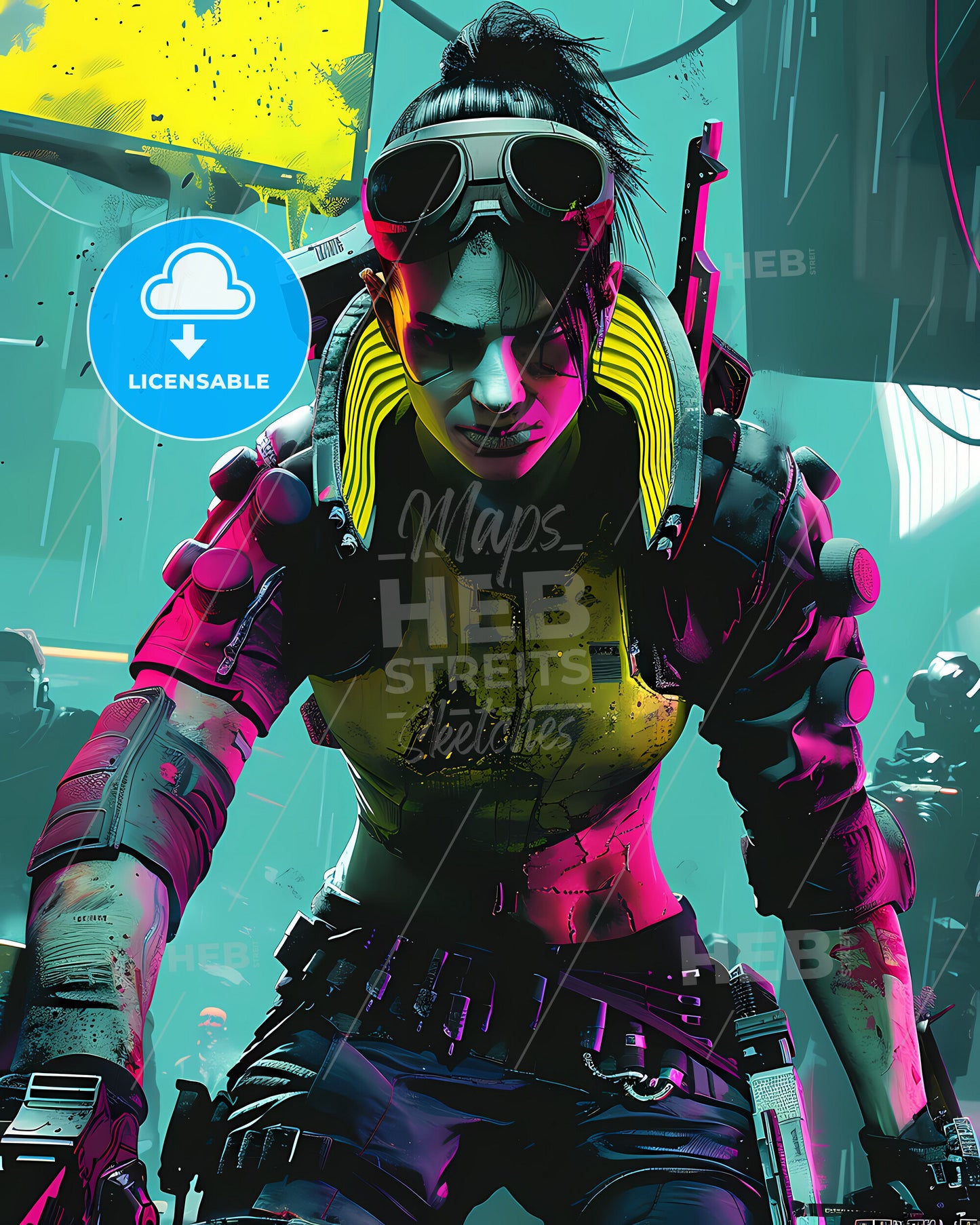 Vibrant Painting: Action Shot of Goggles-Wearing Video Game Character