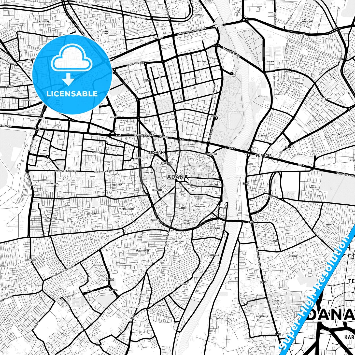 Adana, Turkey Light Map with Street Names, City Names, and Districts