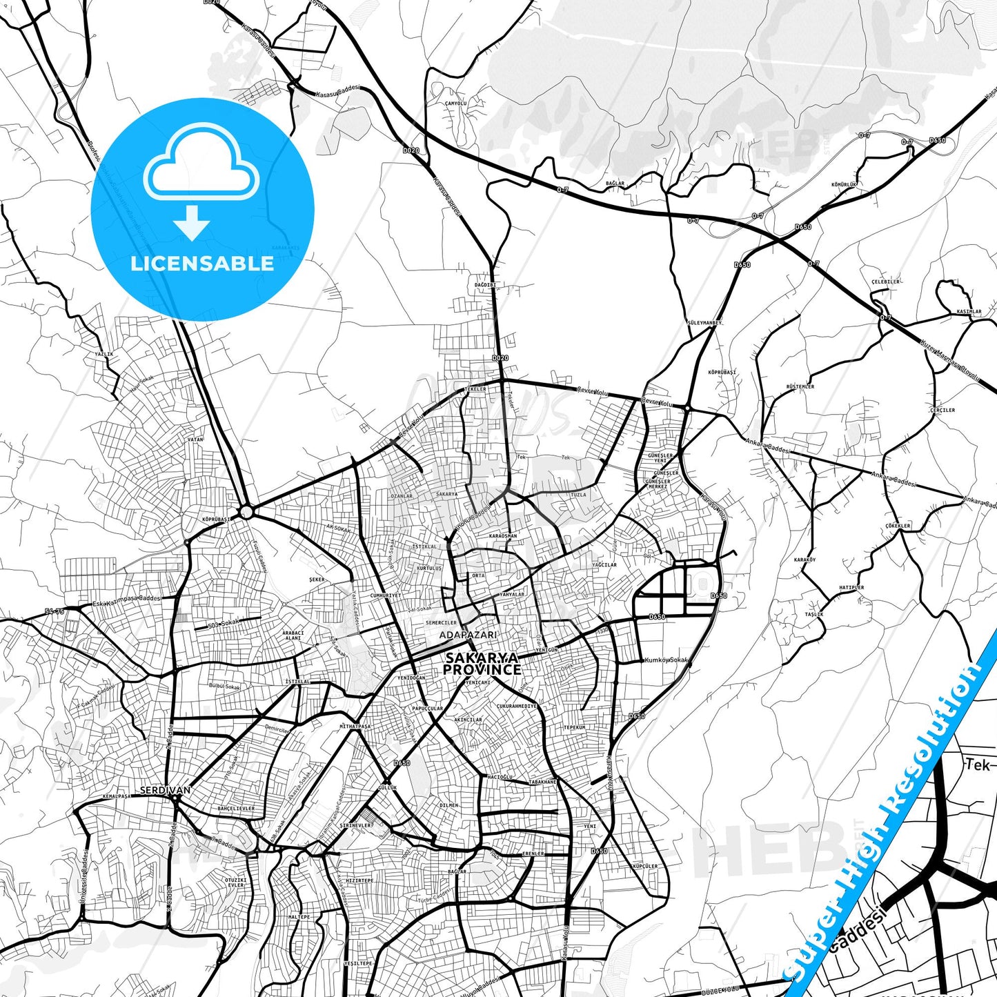 Adapazarı, Turkey Light Map with Street Names, City Names, and Districts