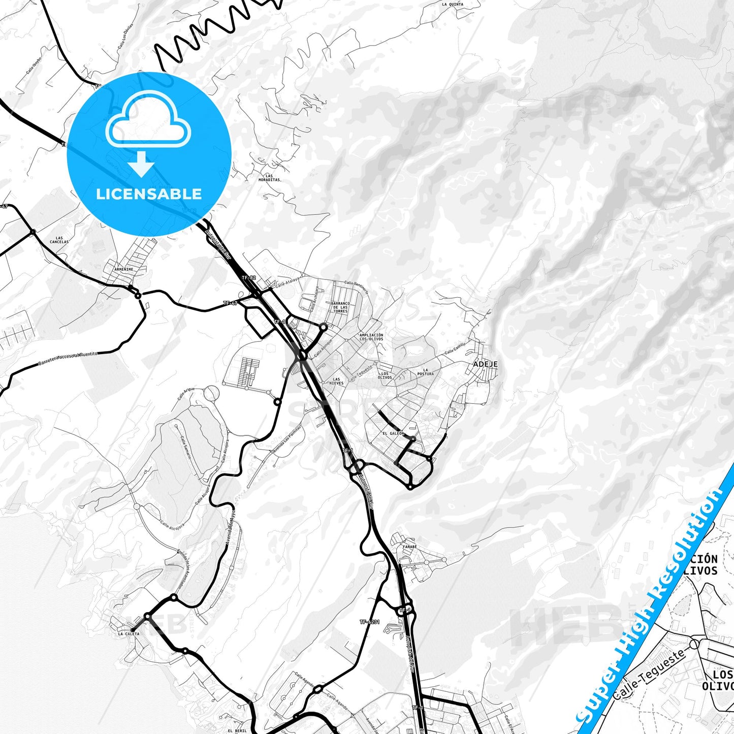Adeje, Spain Light Map with Street Names, City Names, and Districts