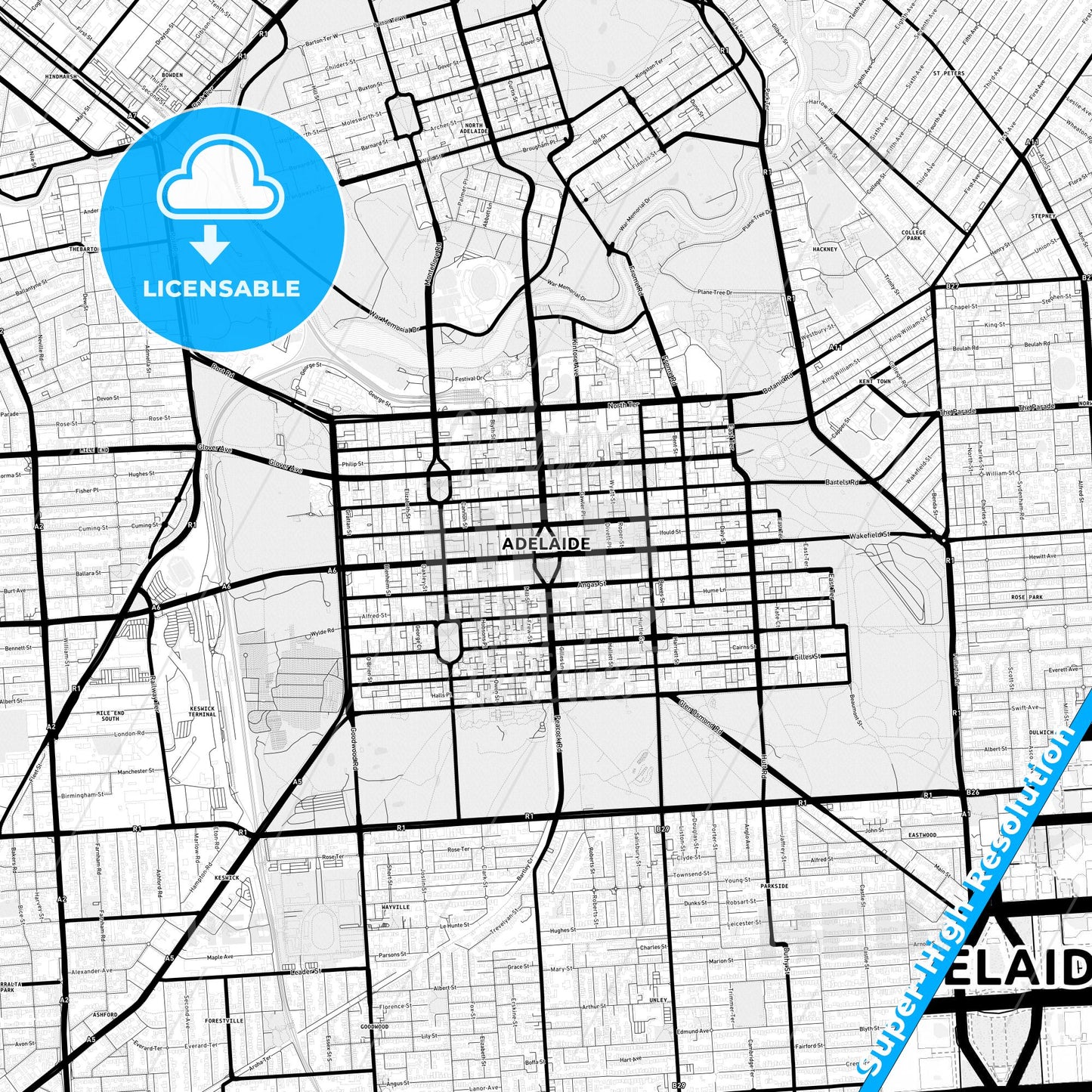 Adelaide, Australia Light Map with Street Names, City Names, and Districts
