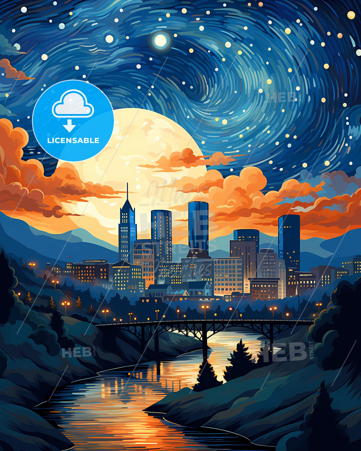 Vibrant Art Cityscape: Adelaide Skyline with Moon and Bridge