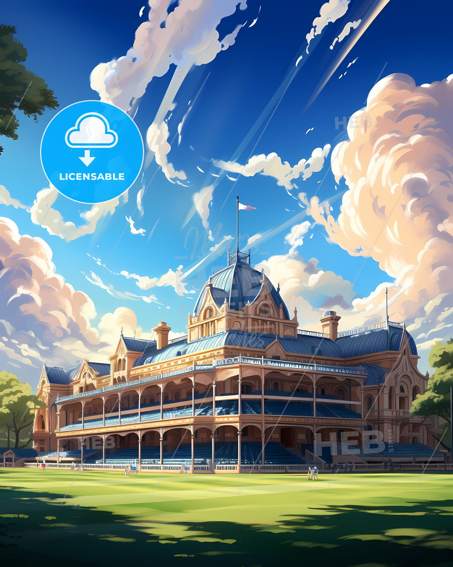 Painting: Cityscape of Adelaide Skyline, Building Balconies and Trees, Vibrant Artwork