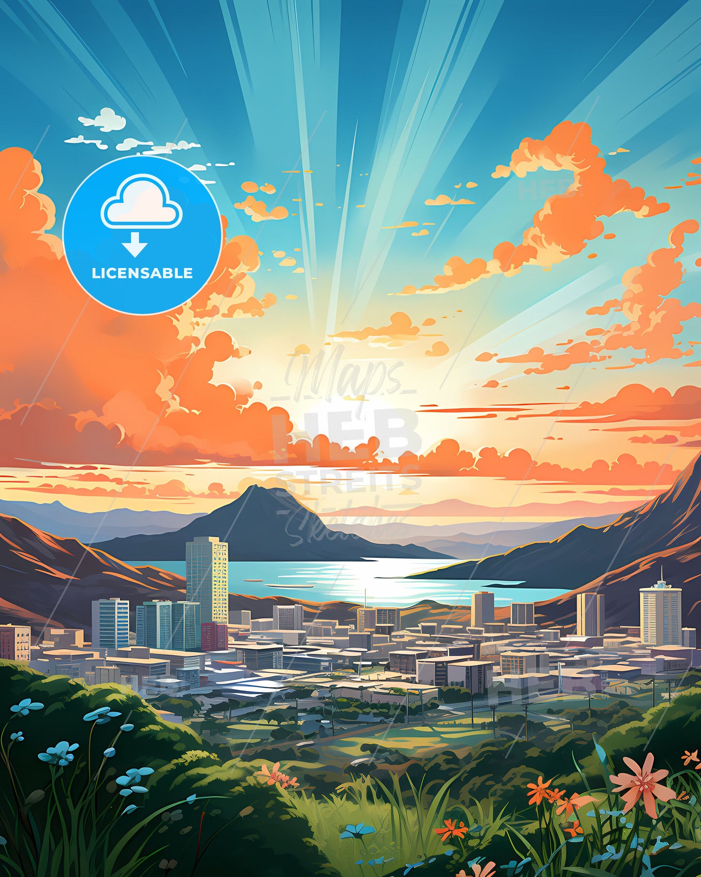 Colorful Cityscape of Adelaide, Australia with Mountainous Horizon and Flowers