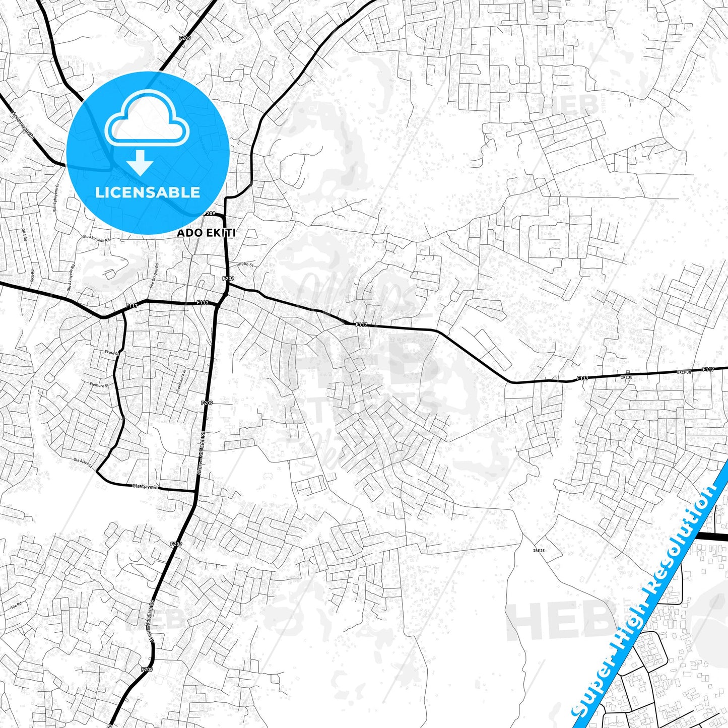 Ado-Ekiti, Nigeria Light Map with Street Names, City Names, and Districts