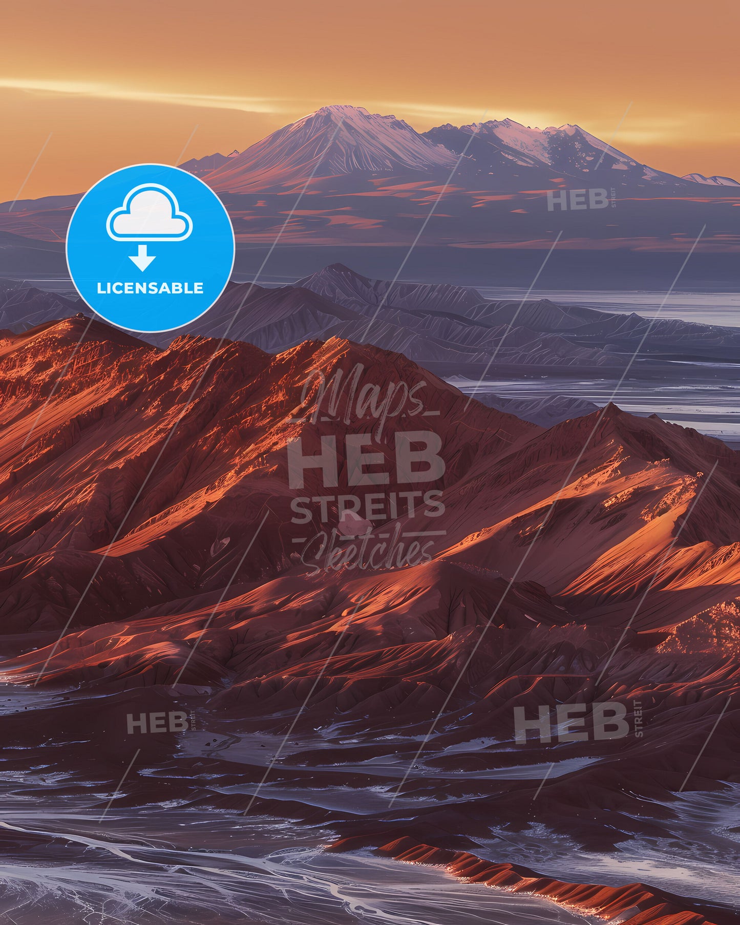 Colorful Sunset Landscape Painting: Aerial View of Atacama Desert Mountain Range with Vibrant Hues