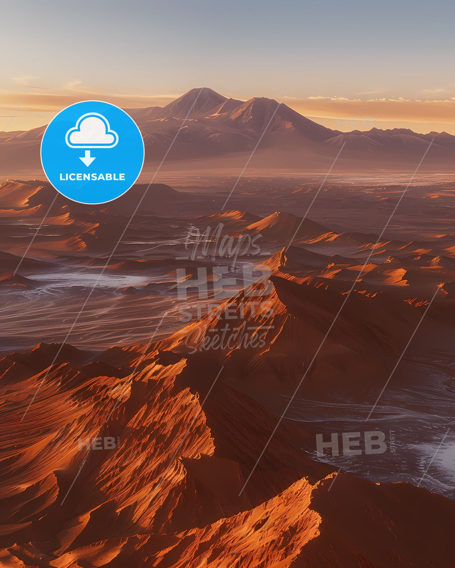Aerial Artistic Landscape: Vibrant Atacama Desert Mountainscape at Sunset