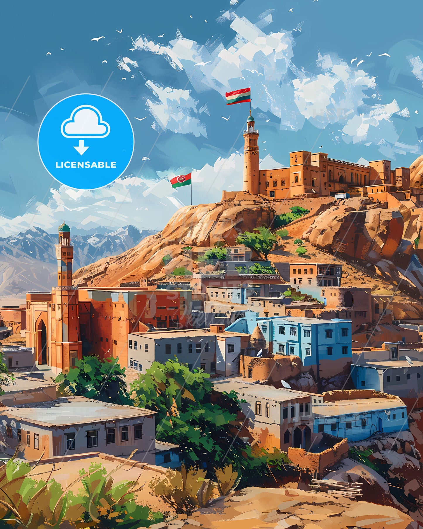 Afghanistan, South Asia - Colorful painting of a city on a mountain with a flag, showcasing the rich art and culture of the region.