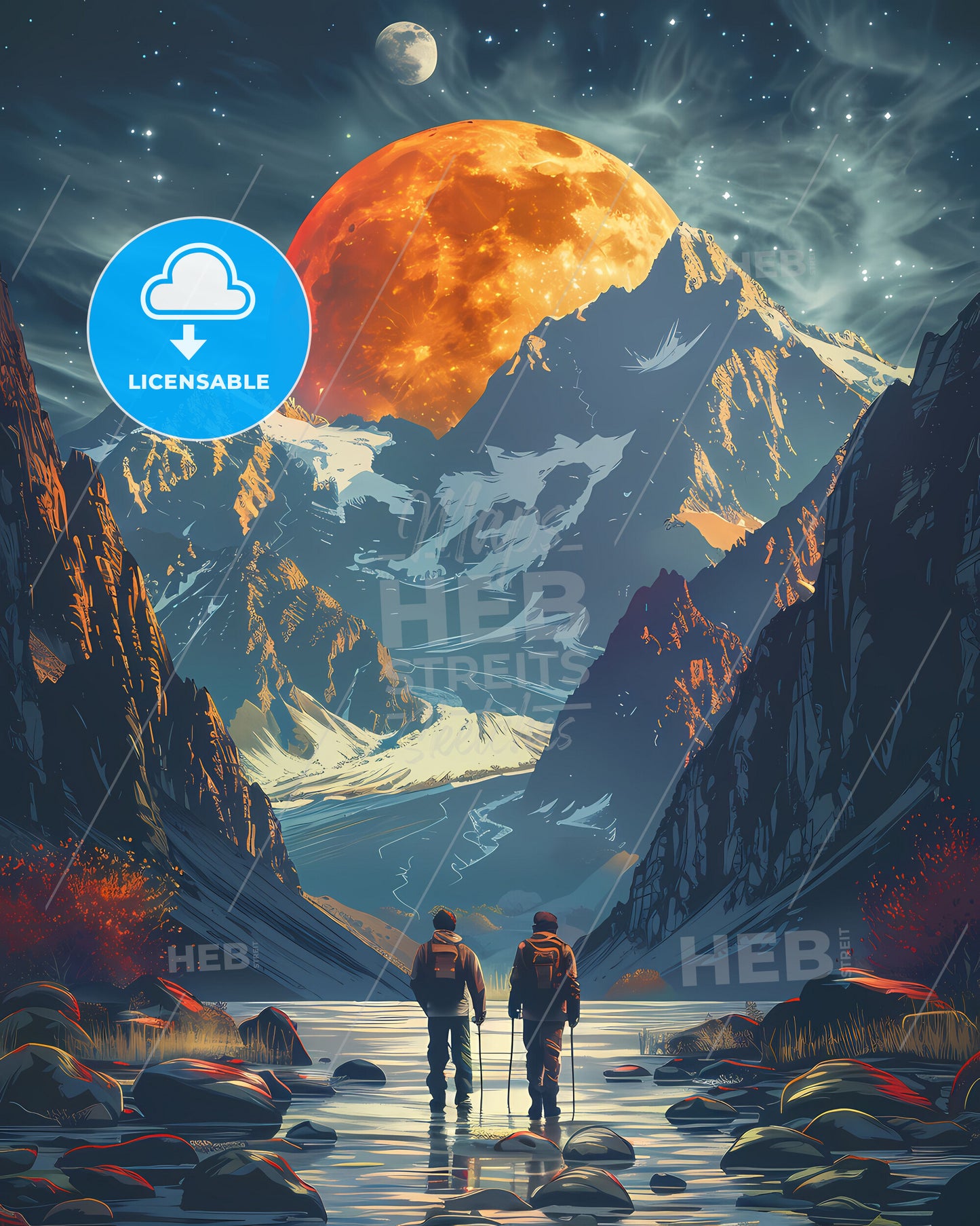 Vibrant Afghanistan Painting Showcasing a Mountain Range and Two Figures