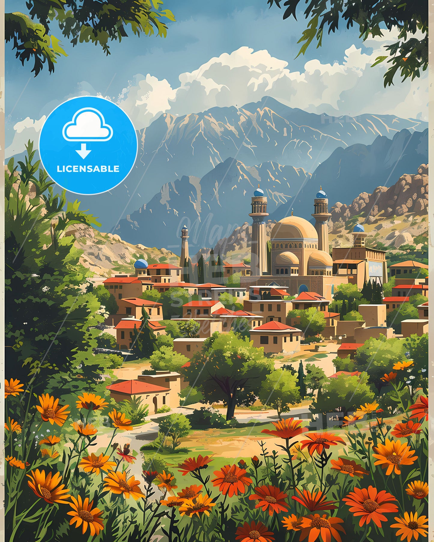 Afghanistan, South Asia - Artistic depiction of a traditional village nestled amidst mountains and vibrant flora