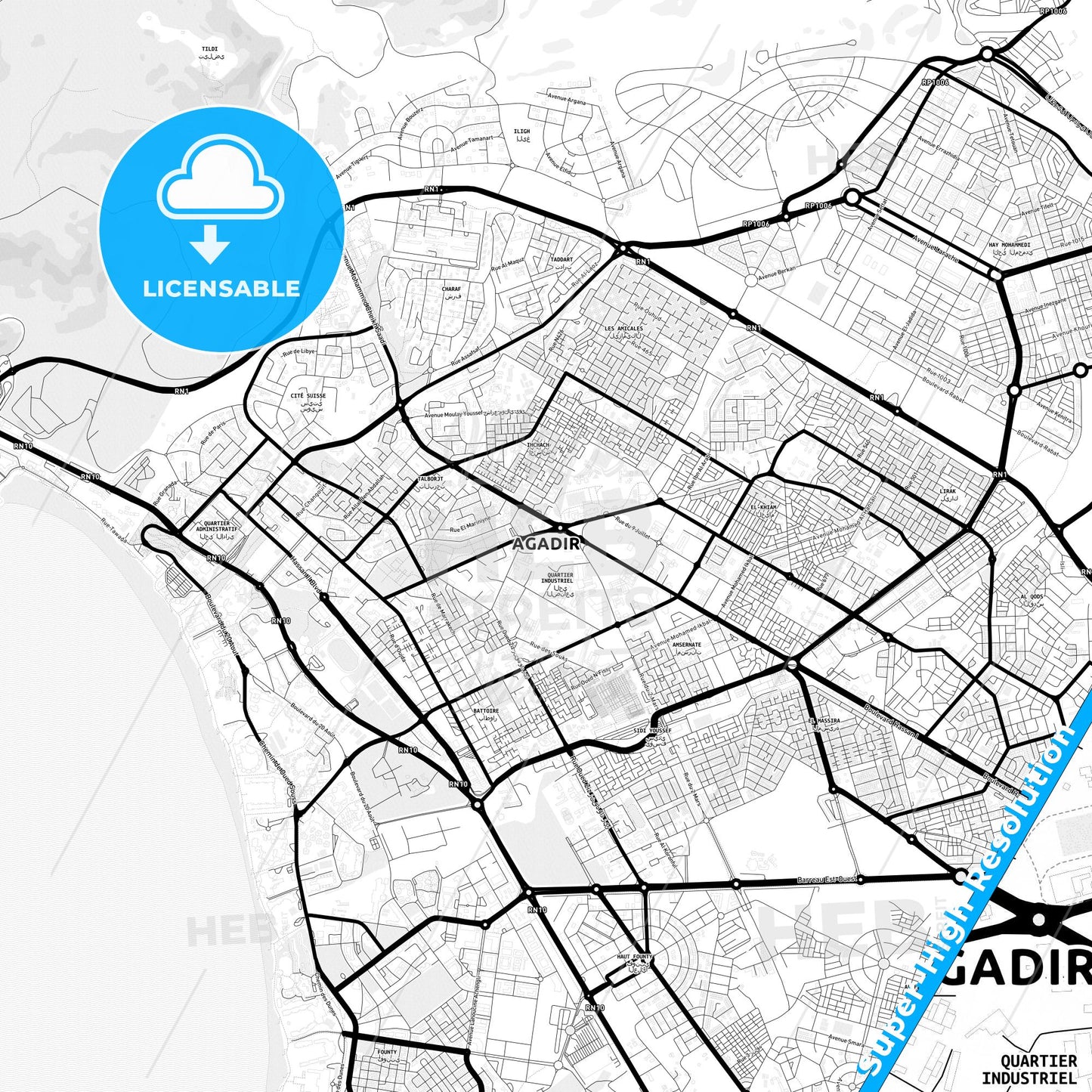 Agadir, Morocco Light Map with Street Names, City Names, and Districts