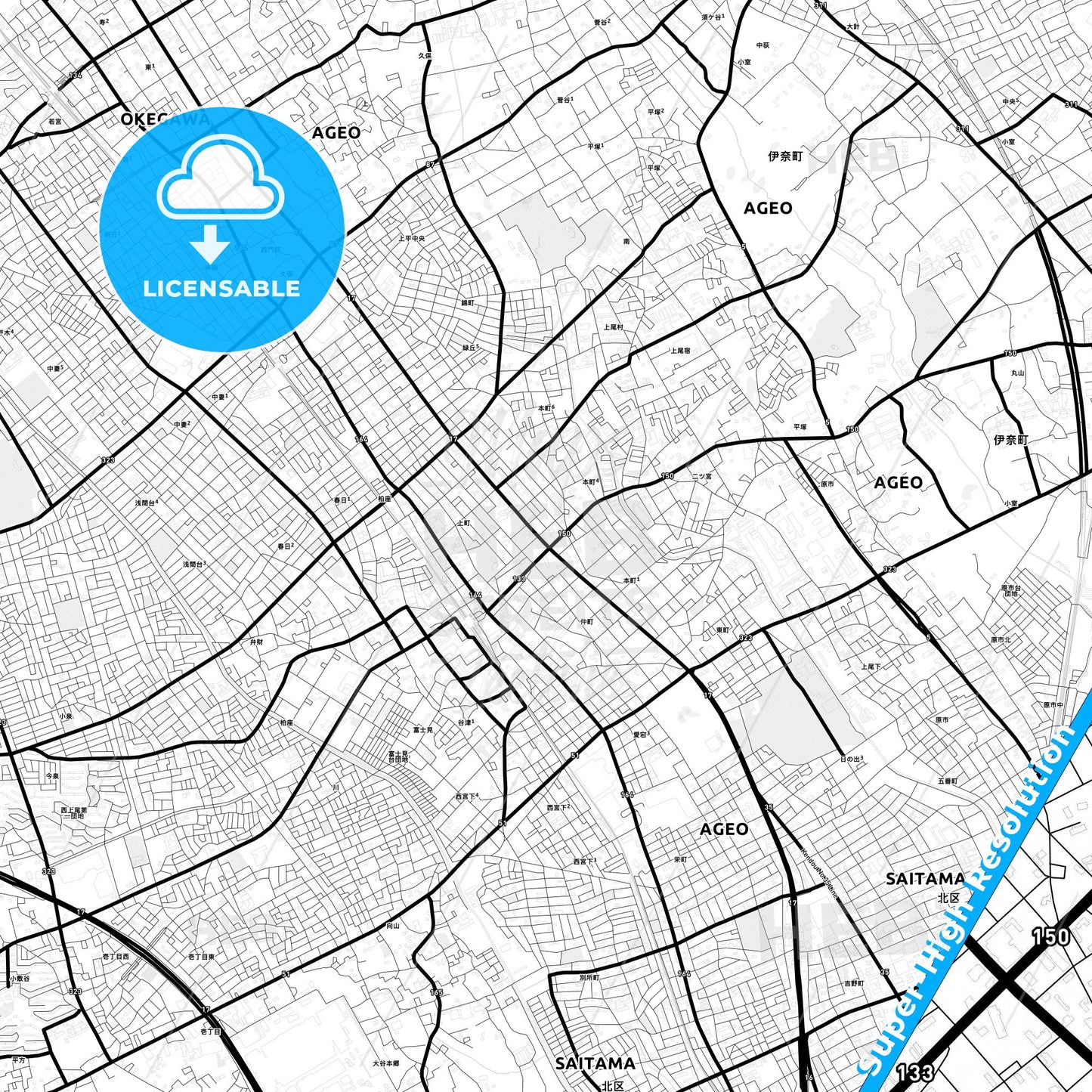 Ageo, Japan Light Map with Street Names, City Names, and Districts