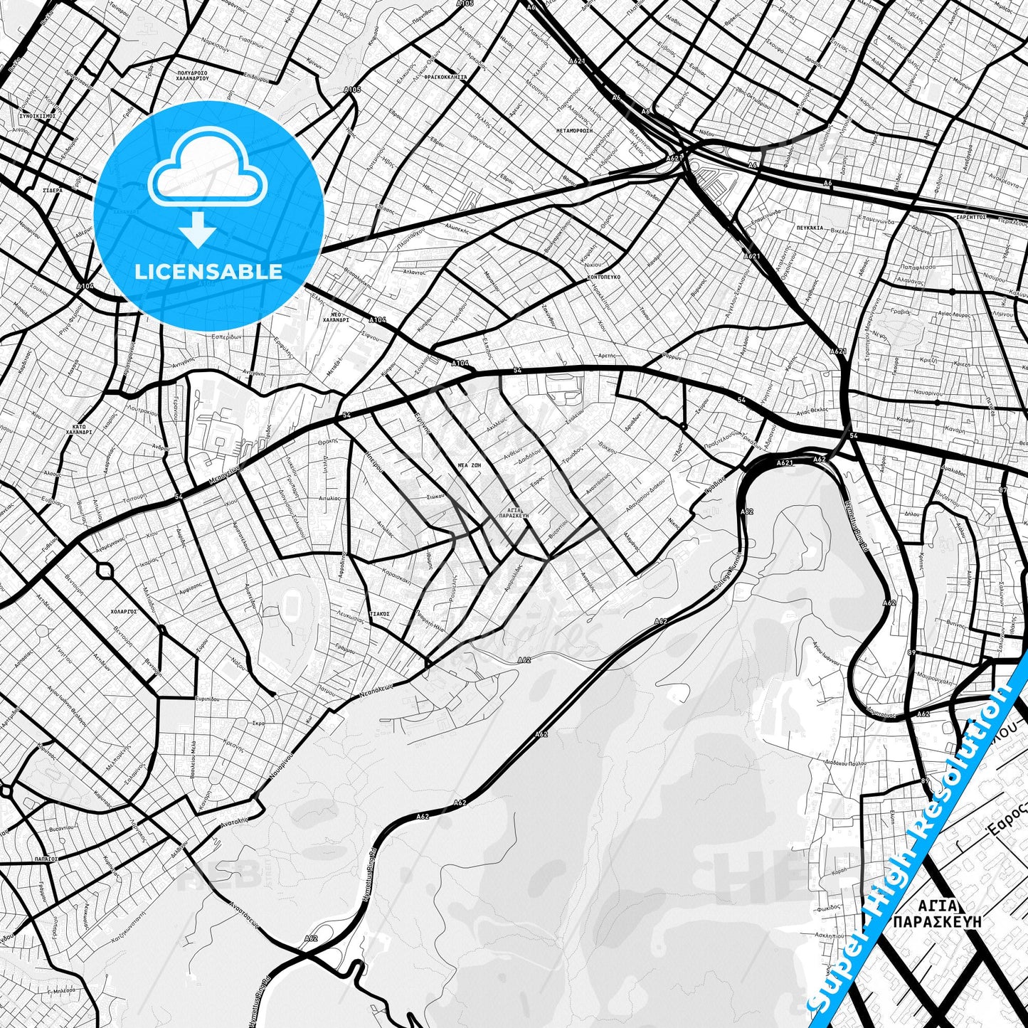 Agia Paraskevi, Greece Light Map with Street Names, City Names, and Districts