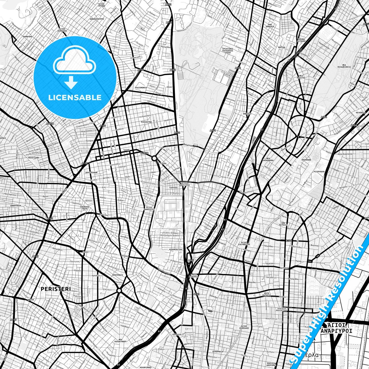 Agioi Anargyroi, Greece Light Map with Street Names, City Names, and Districts