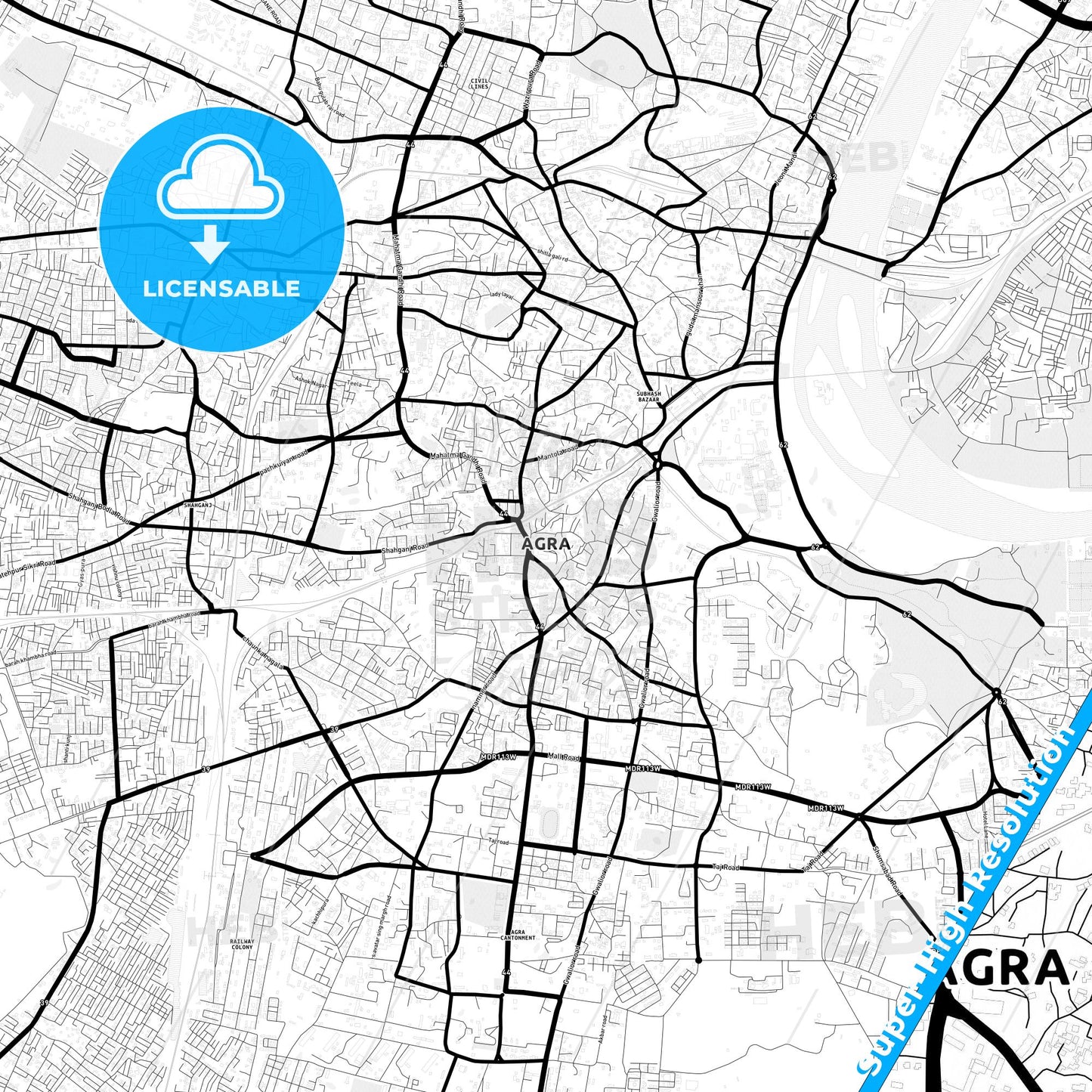 Agra, India Light Map with Street Names, City Names, and Districts