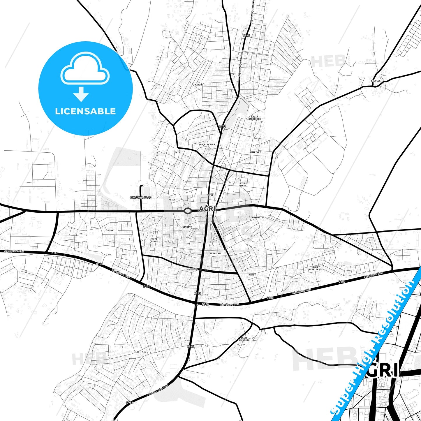 Ağrı, Turkey Light Map with Street Names, City Names, and Districts