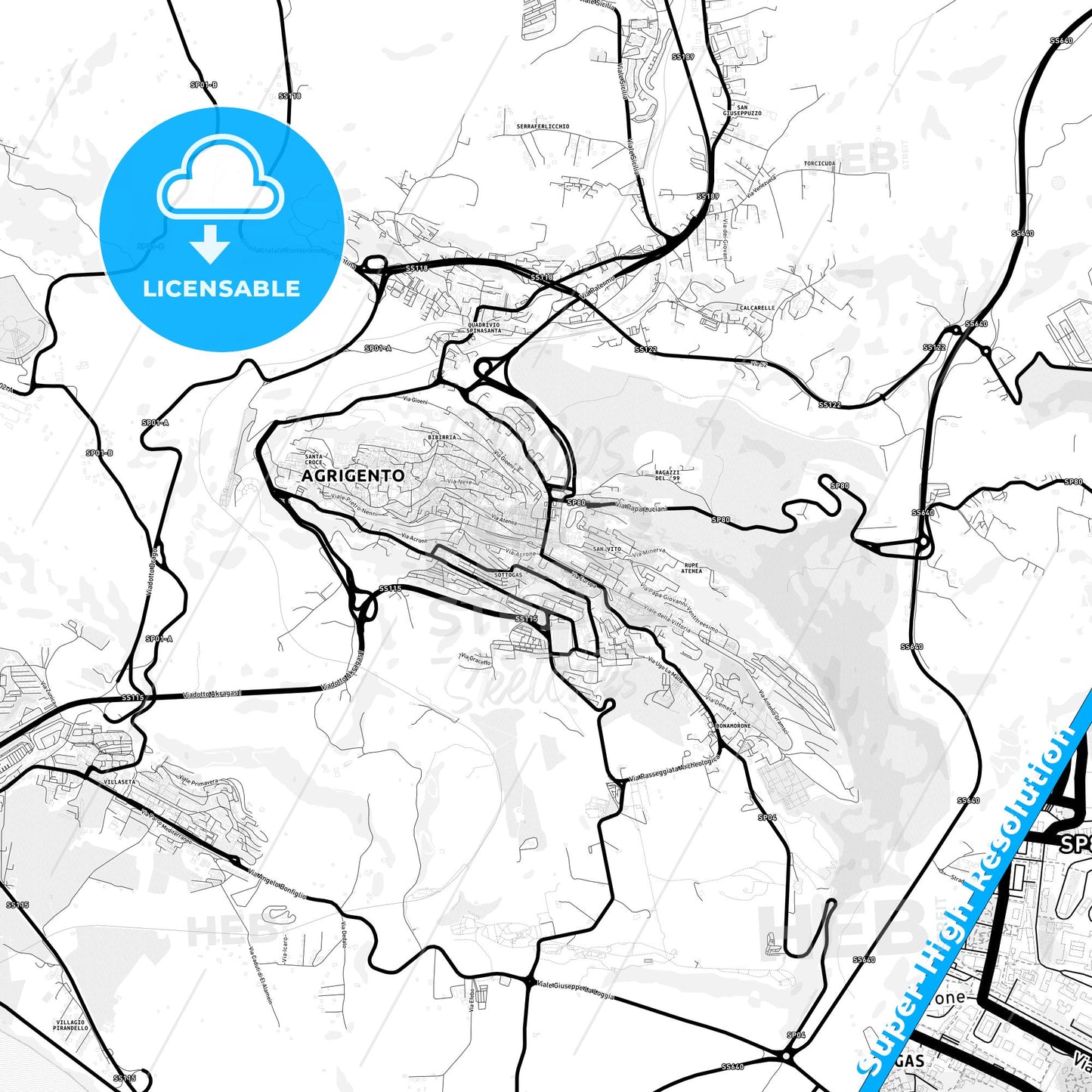Agrigento, Italy Light Map with Street Names, City Names, and Districts