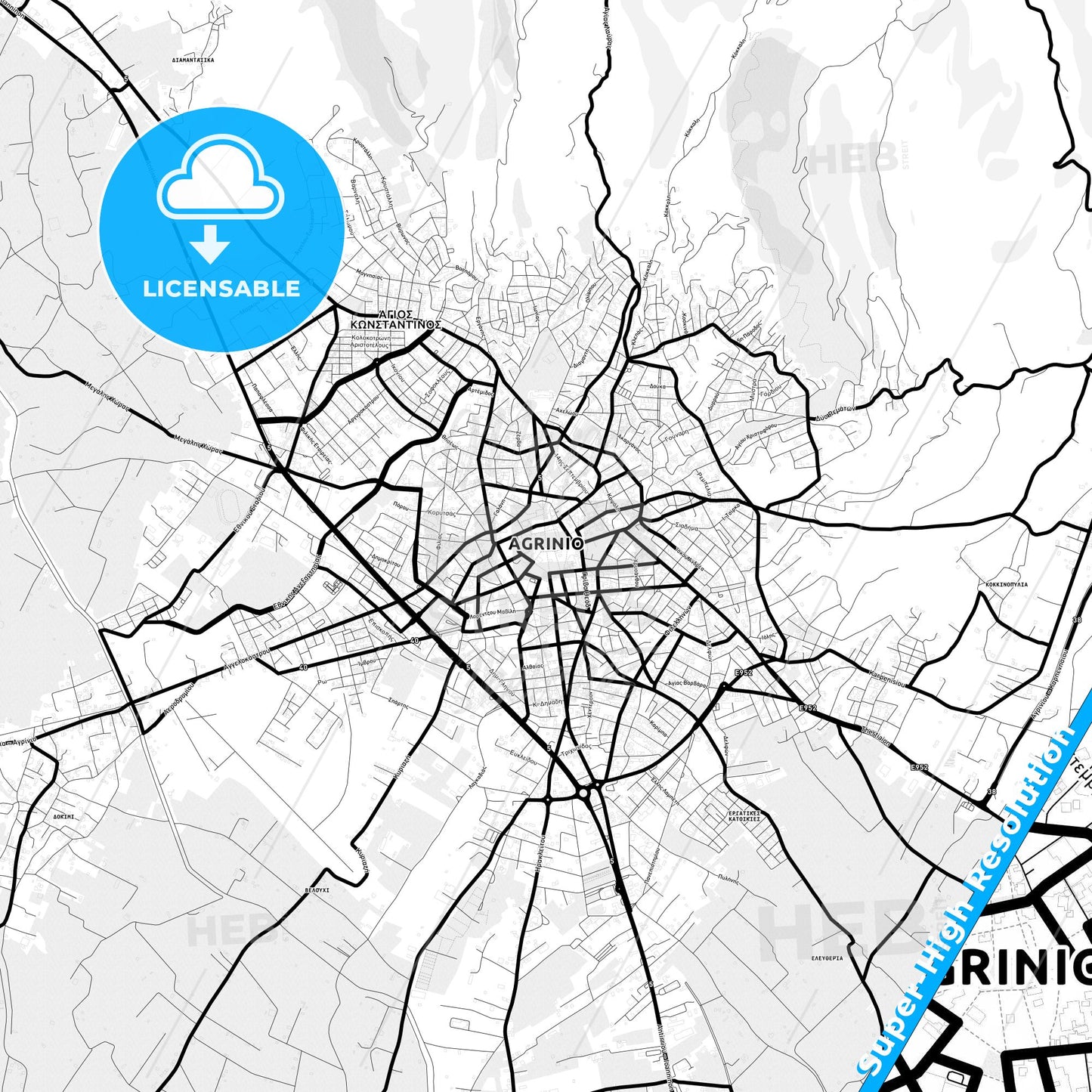 Agrinio, Greece Light Map with Street Names, City Names, and Districts