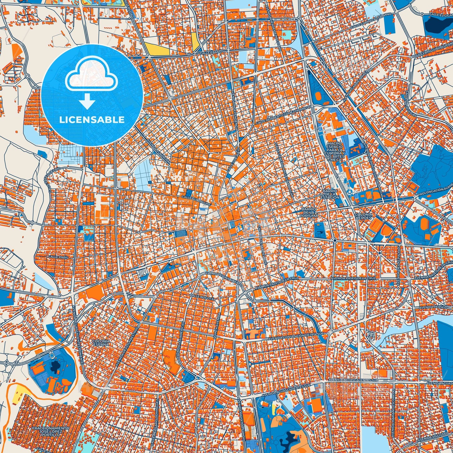 Colorful Aguascalientes Street Map with Labels and Buildings