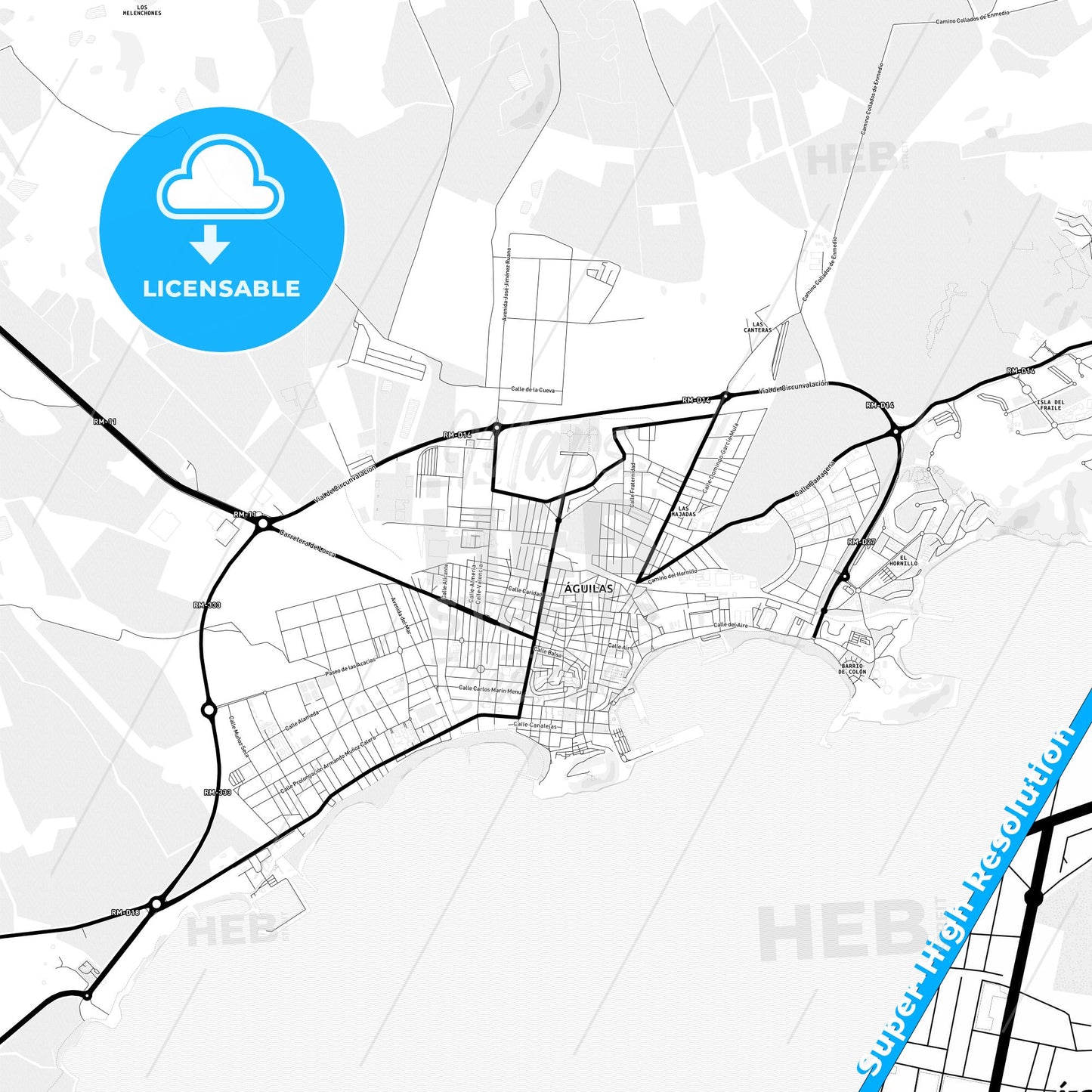 Águilas, Spain Light Map with Street Names, City Names, and Districts