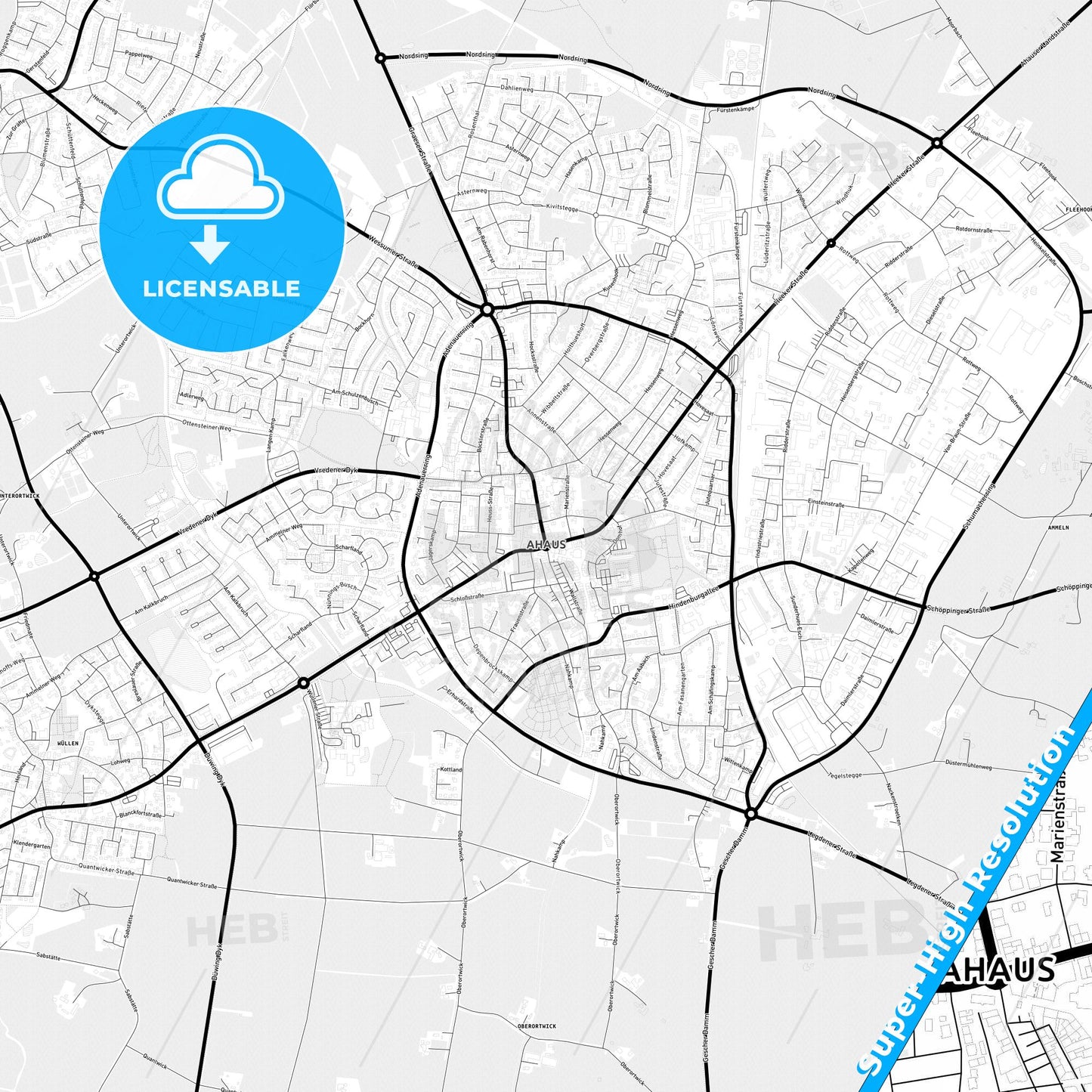 Ahaus, Germany Light Map with Street Names, City Names, and Districts