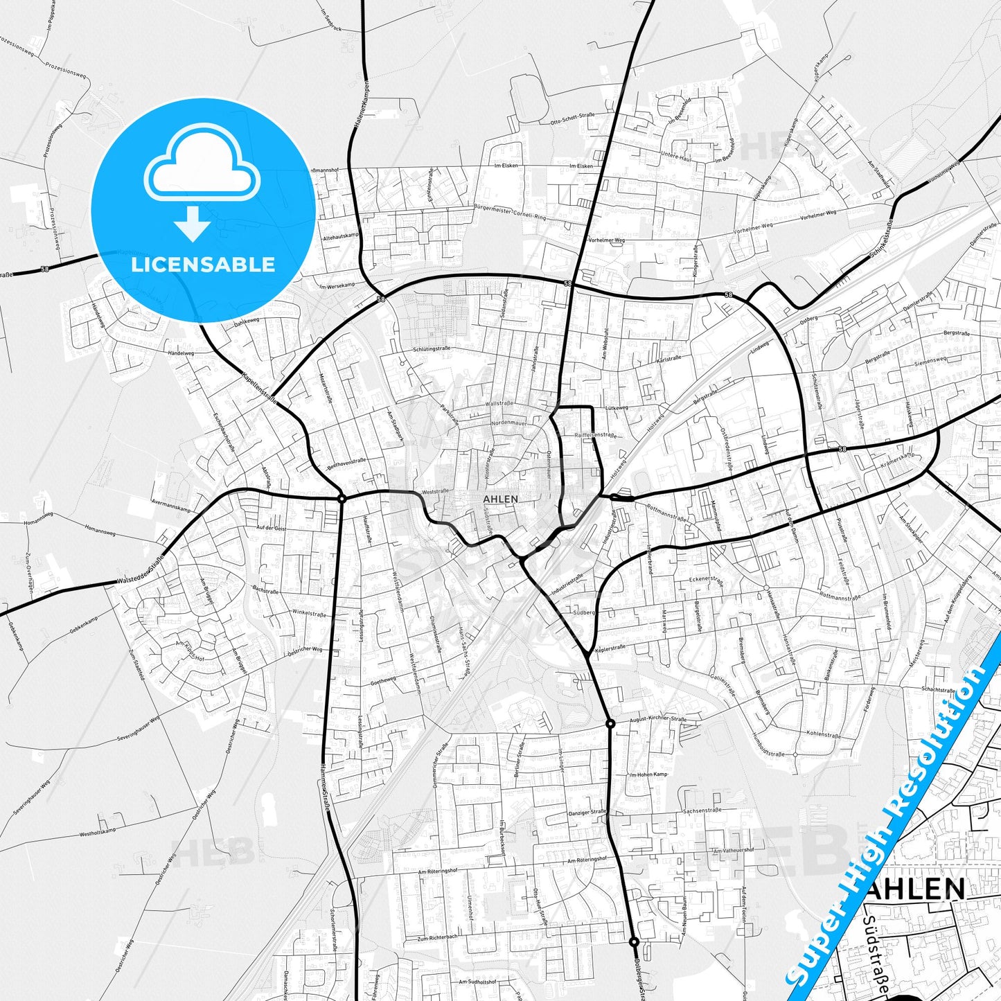Ahlen, Germany Light Map with Street Names, City Names, and Districts