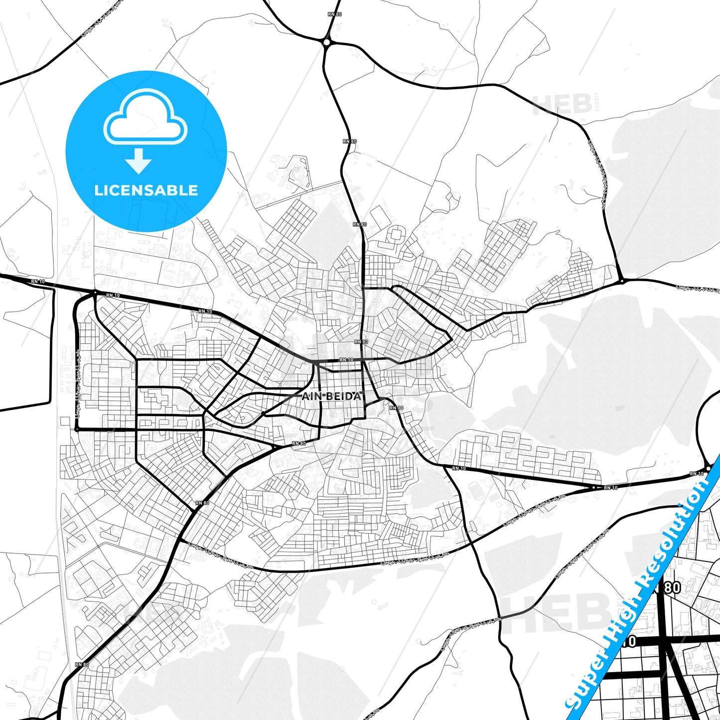 Ain Beida, Algeria Light Map with Street Names, City Names, and Districts