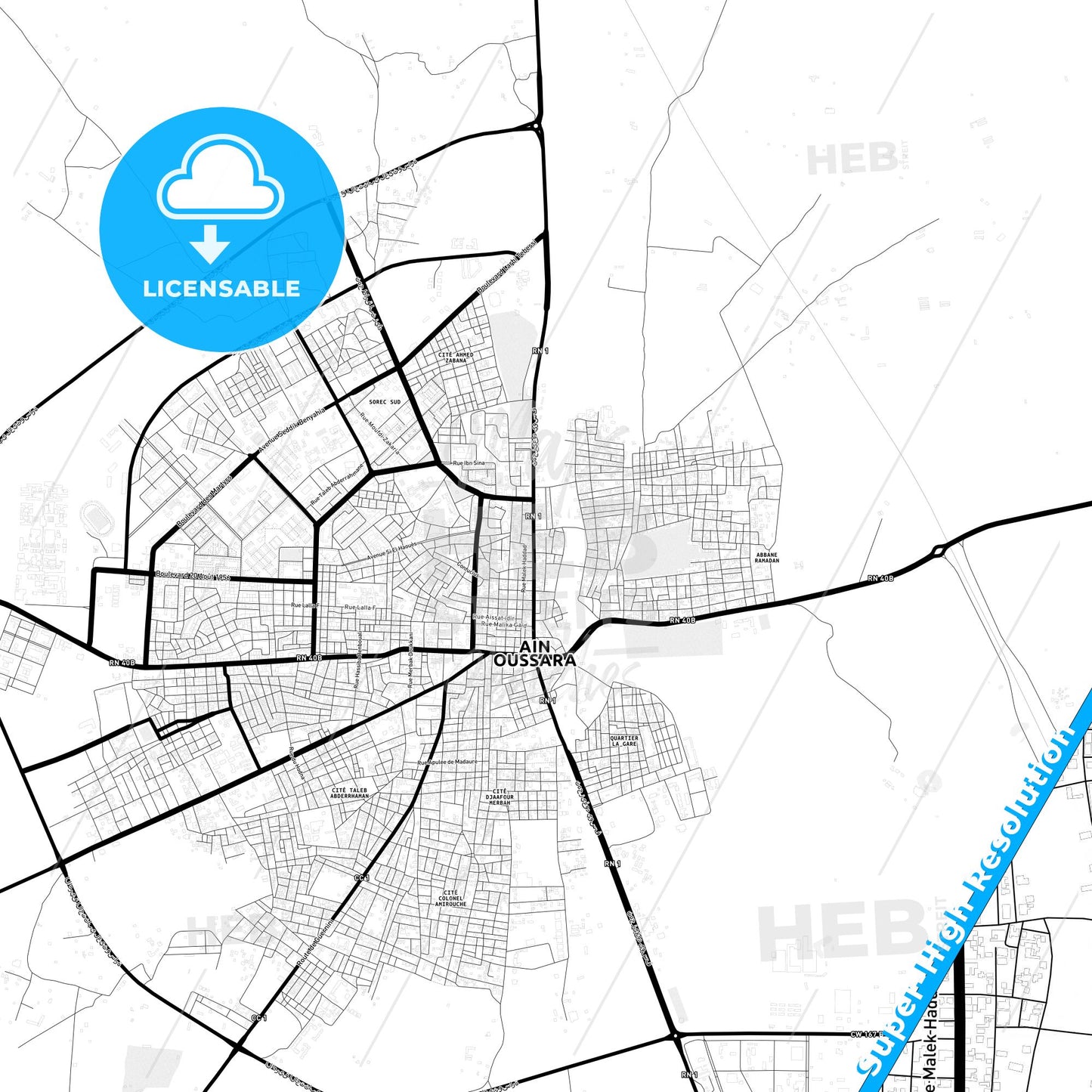 Ain Oussera, Algeria Light Map with Street Names, City Names, and Districts