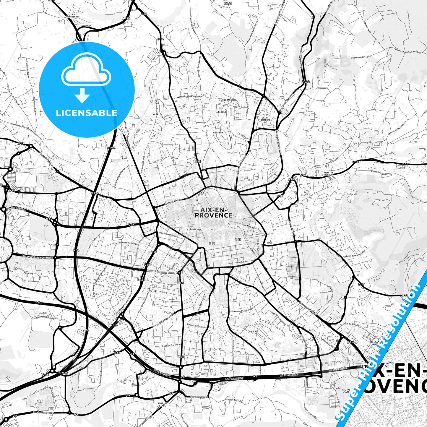 Aix-en-Provence, France Light Map with Street Names, City Names, and Districts