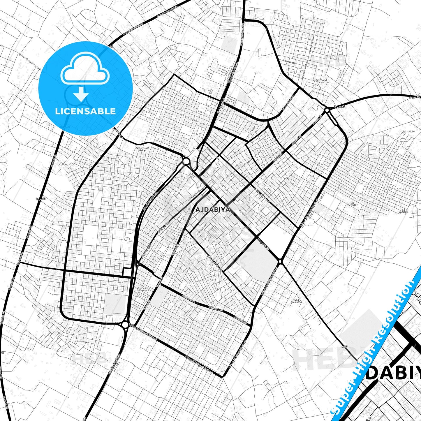 Ajdabiya, Libya Light Map with Street Names, City Names, and Districts