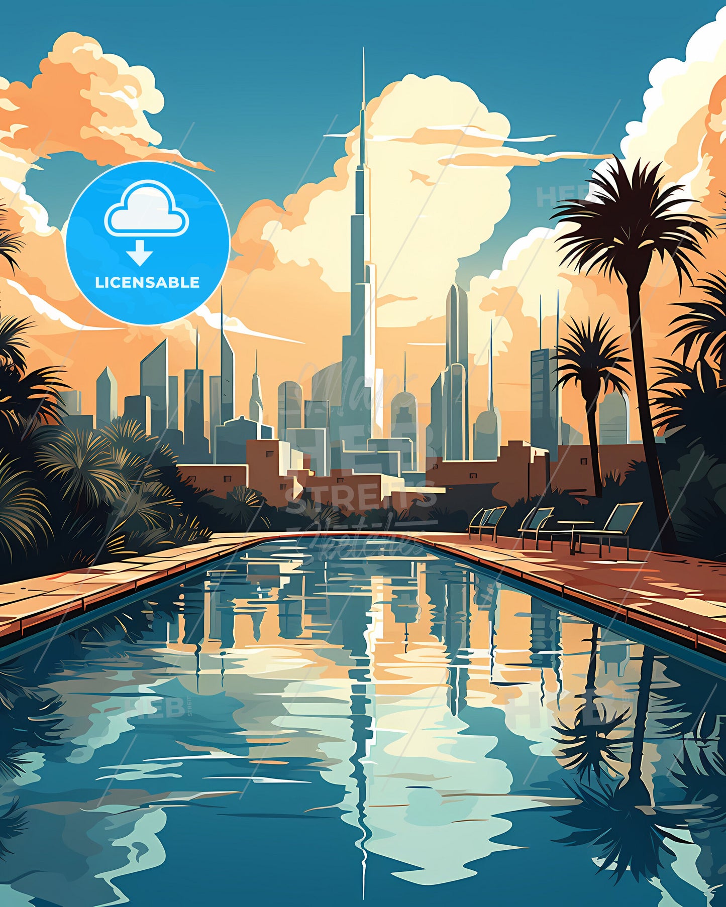 Vibrant Poolside Painting Depicting Ajman, UAE Skyline