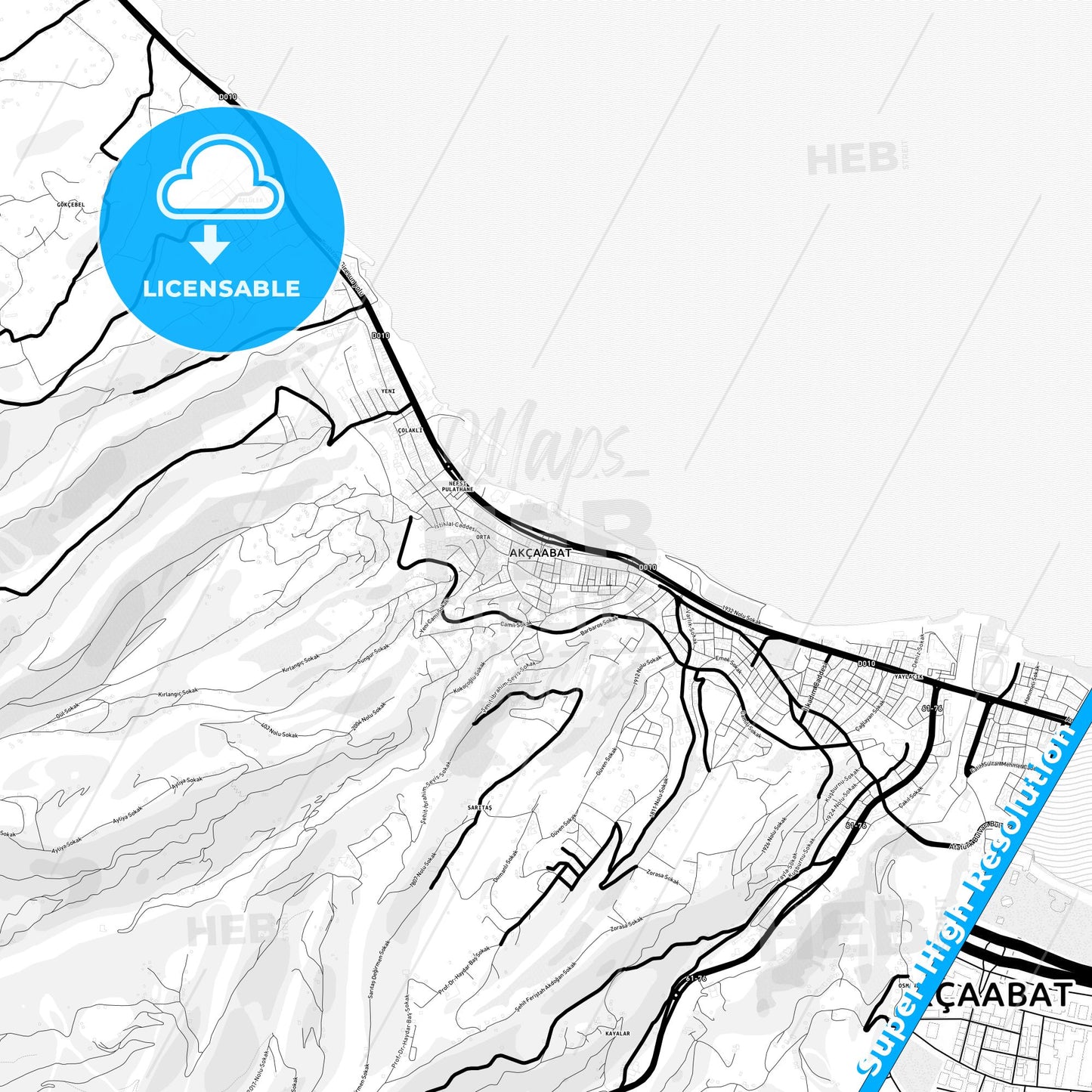 Akçaabat, Turkey Light Map with Street Names, City Names, and Districts