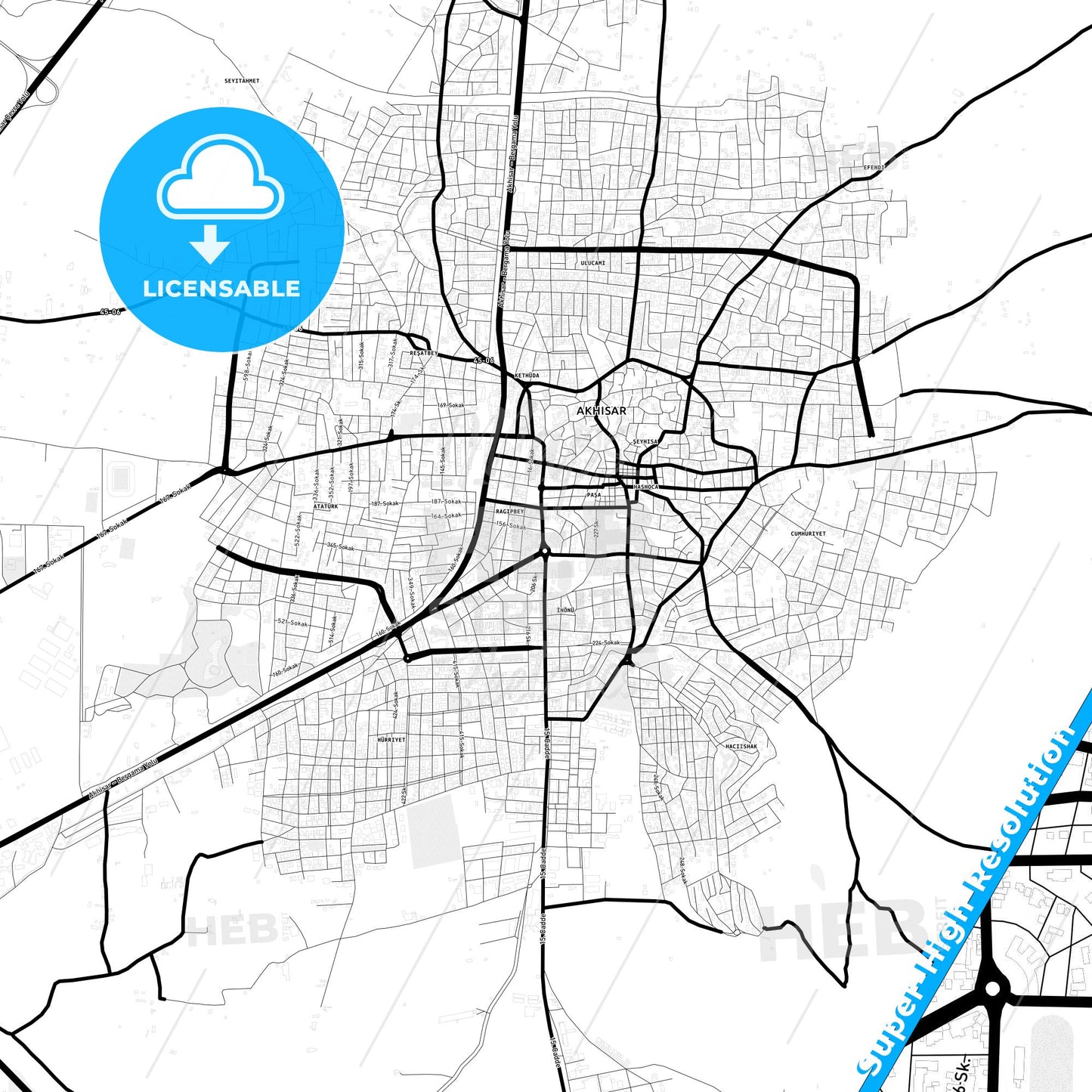 Akhisar, Turkey Light Map with Street Names, City Names, and Districts