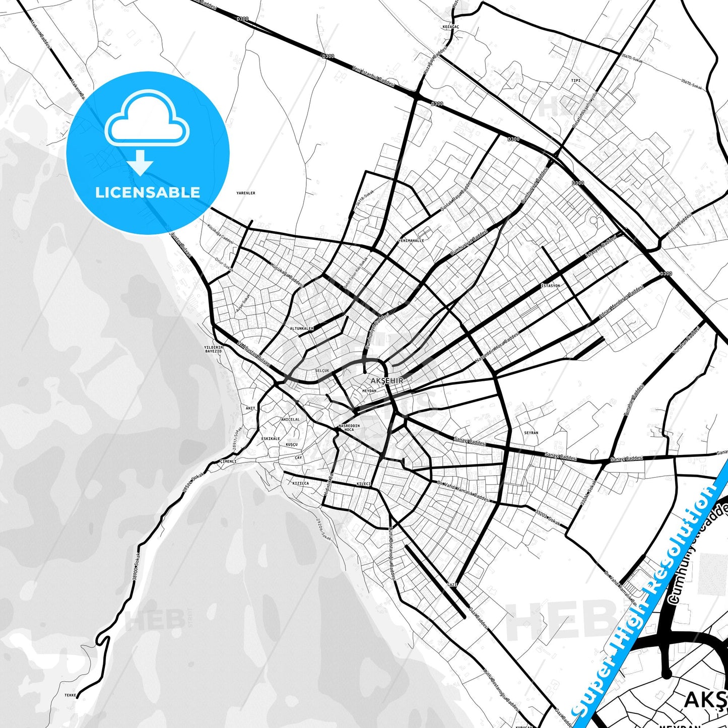Akşehir, Turkey Light Map with Street Names, City Names, and Districts